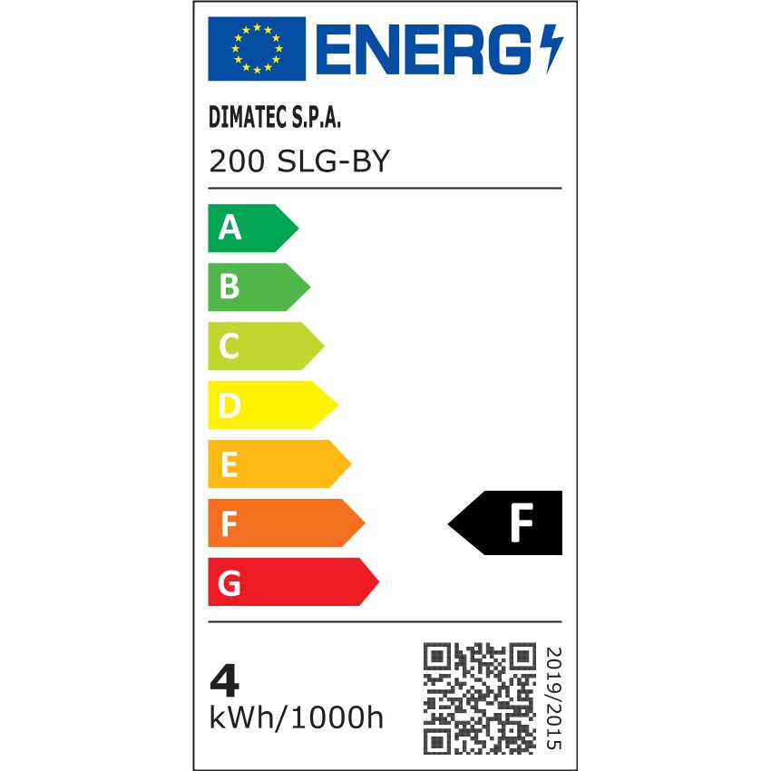 EU-Energielabel mit EU-Flagge und Logo, Modell DIMATEC S.P.A. 200 SLG-BY, Energieklasse F, Verbrauch 4 kWh/1000h, QR-Code