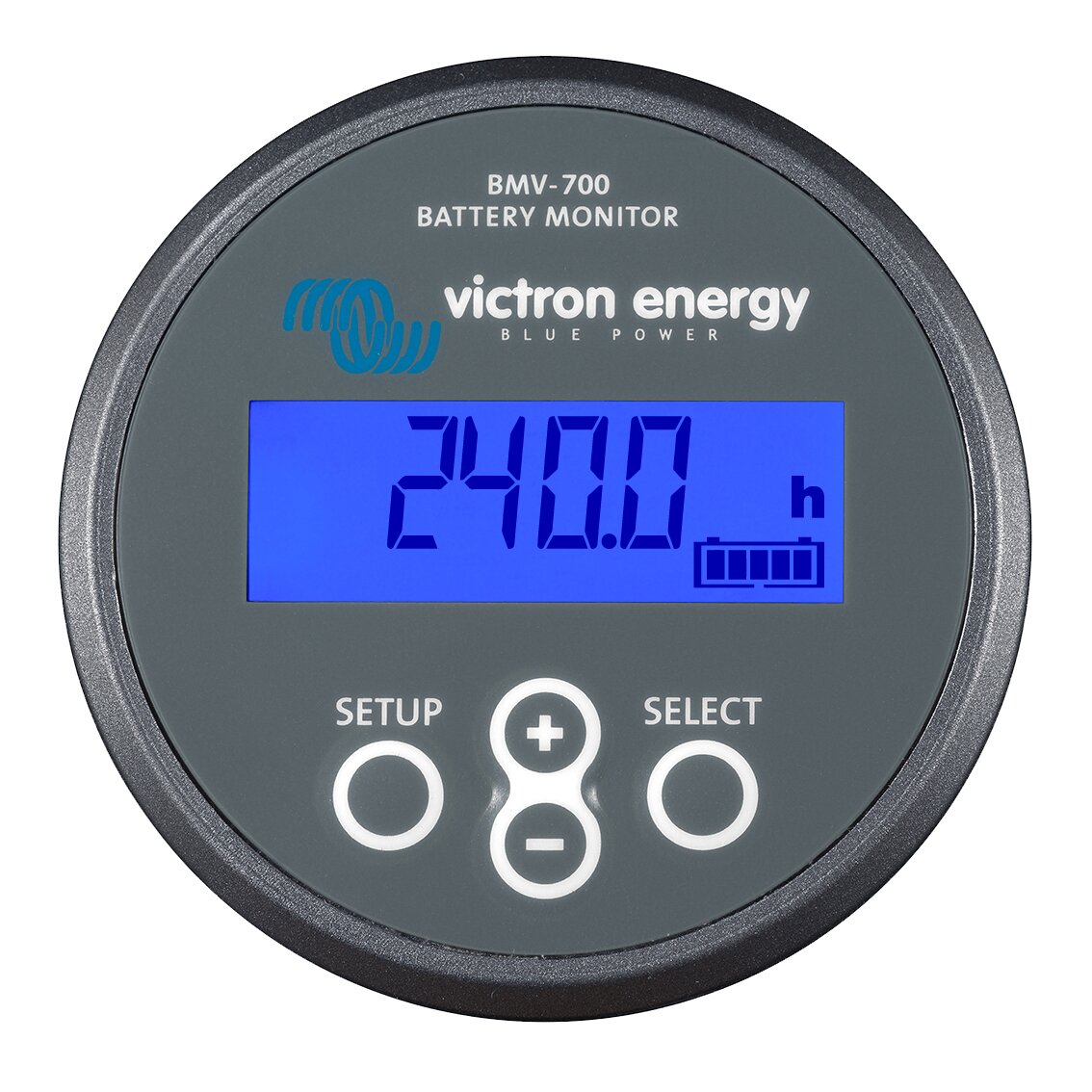 Runder BMV-700 Batterie-Monitor mit grauem Gehäuse und blauem Display; zeigt 240.0 h, drei Tasten SETUP, Plus/Minus und SELECT