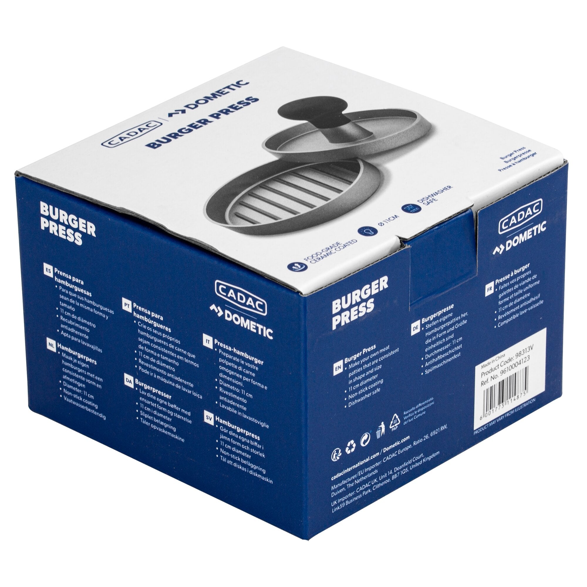 Blaues Kartonpaket einer Hamburgerpresse, weiße Oberseite zeigt Abbildung der Burgerpresse, Burger Press, CADAC DOMETIC