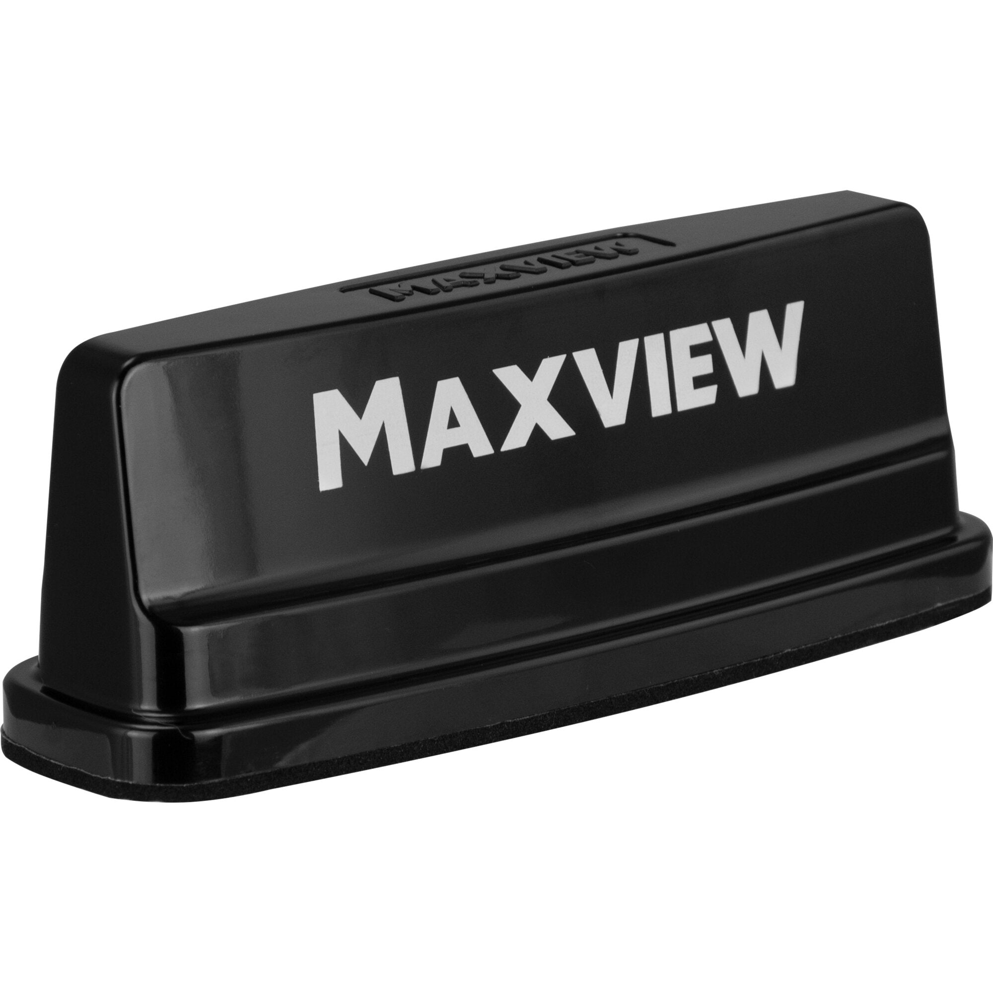 Nahaufnahme eines schwarzen rechteckigen Routers mit abgerundeten Ecken, auf der Oberseite ist die weiße Beschriftung MAXVIEW sichtbar