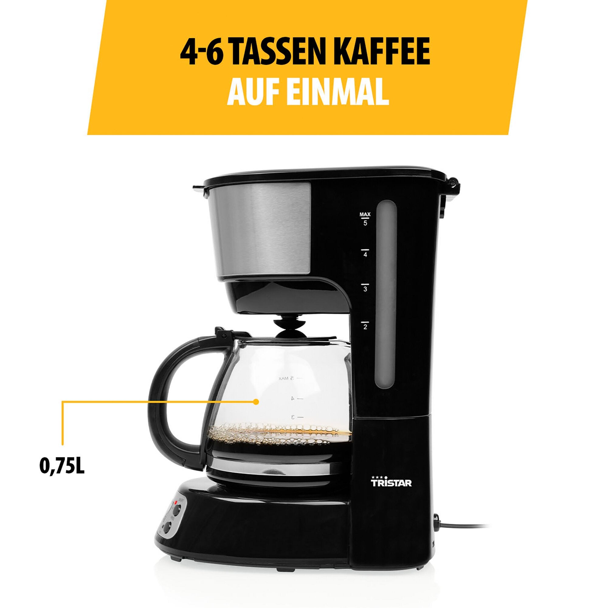 Kaffeemaschine CM-1284 in Schwarz mit Glaskanne und seitlicher Messskala von 2 bis 5 Tassen, oben gelbes Banner mit der Aufschrift 4-6 Tassen Kaffee auf einmal