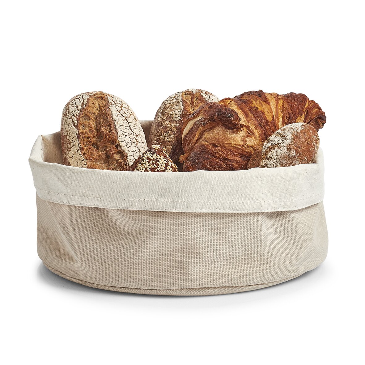 Runder beiger Brotbeutel aus Stoff (25 cm Durchmesser) gefüllt mit verschiedenen Broten und Brötchen