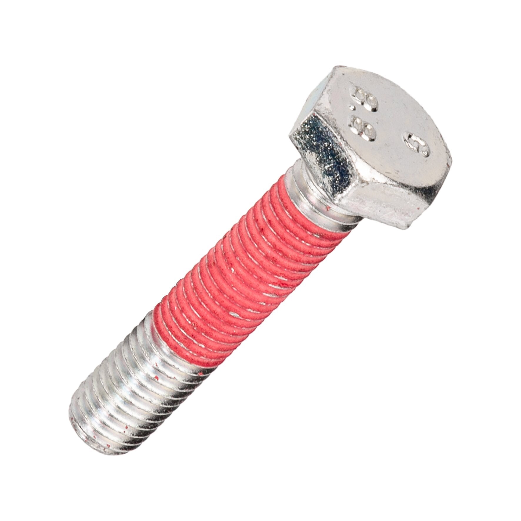 Spannschraube M10 mit rotem Gewinde und silbernem Kopf, Oberseite mit drei kleinen Löchern, Nahaufnahme der Schraube in diagonaler Perspektive
