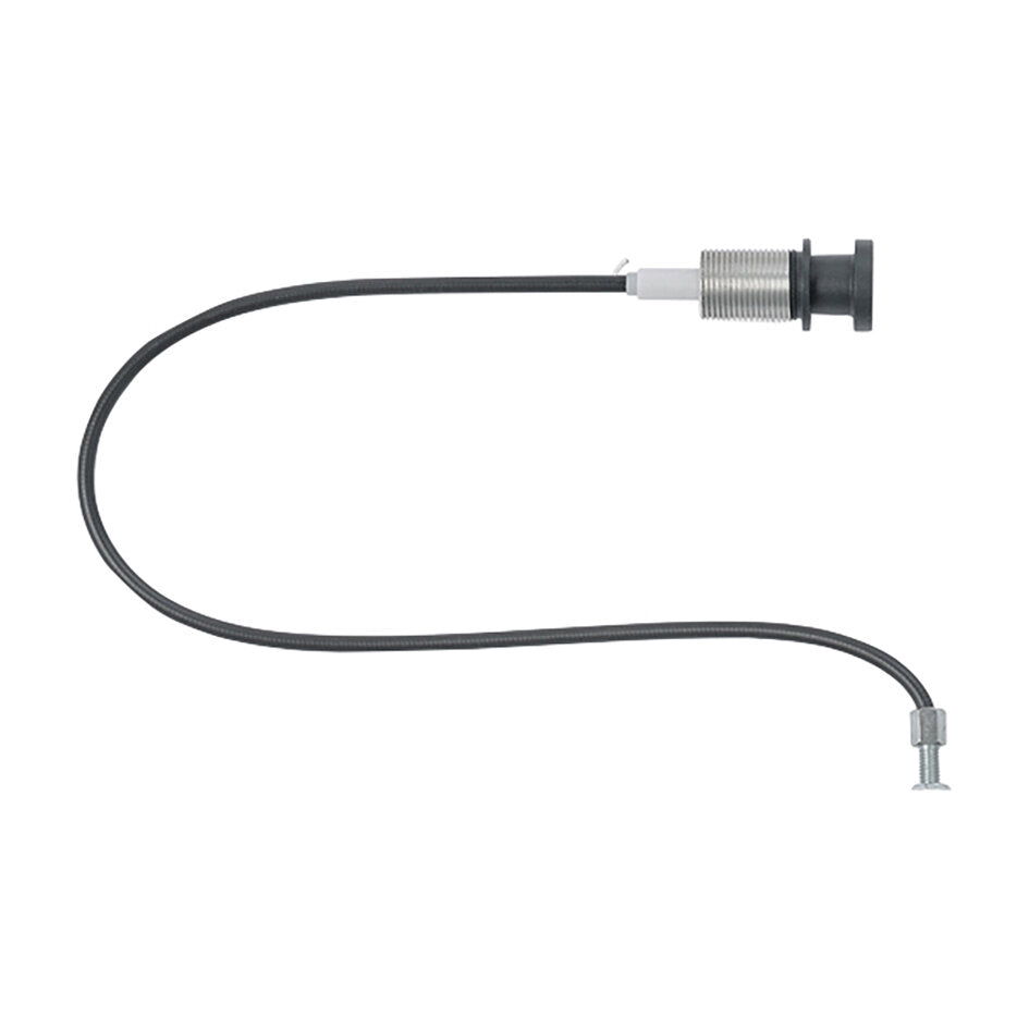 Wandhalter Sky 10N Bowdenzug: schwarzes flexibles Kabel mit gewindetem Metallteil oben rechts und Schraubbolzen unten rechts