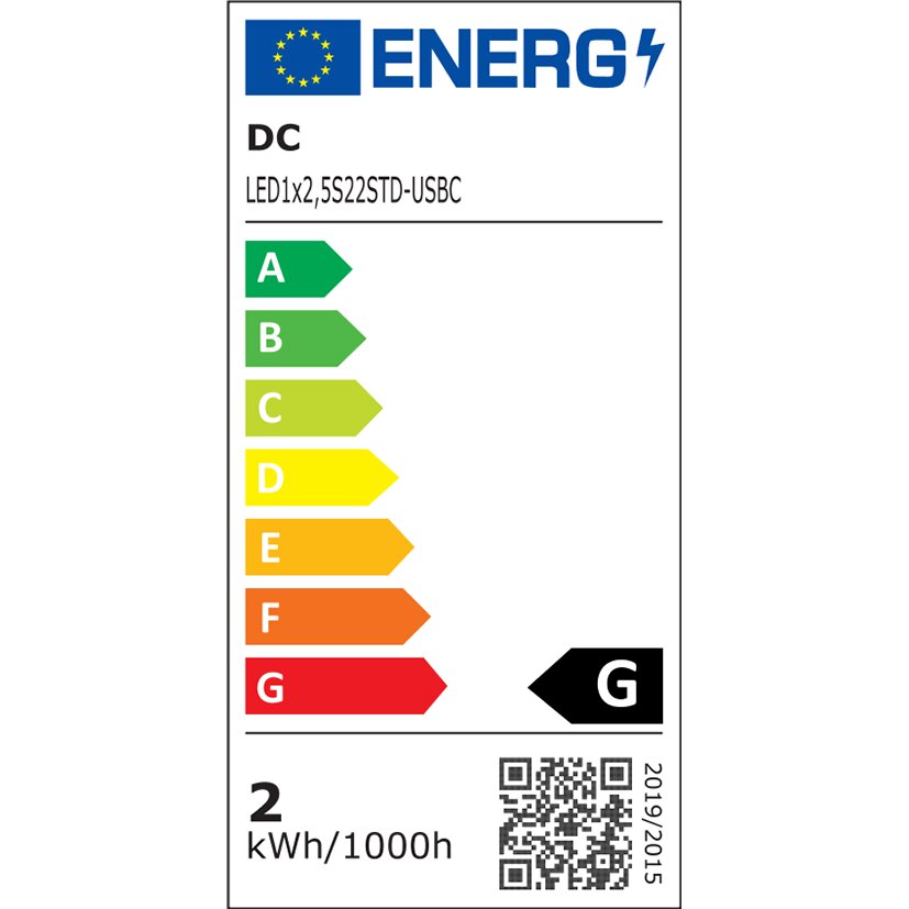 EU-Energiekennzeichnung auf weißem Hintergrund: Skala A bis G mit Pfeil auf G, zusätzlich DC LED1x2,5S22STD-USBC, 2 kWh/1000h und QR-Code sichtbar