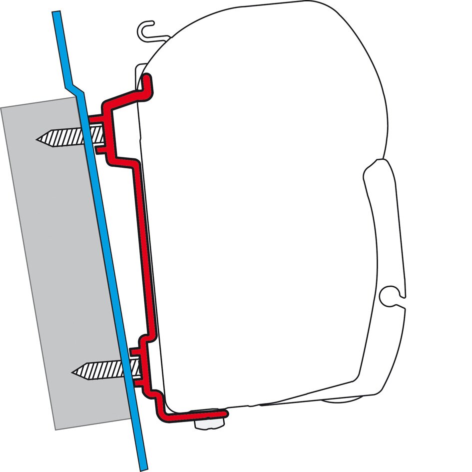 Schematische Seitenansicht eines Montagekits für Ford Transit H2/H3: rotes Befestigungsprofil an Wandplatte mit Schrauben, daneben blaue Platte