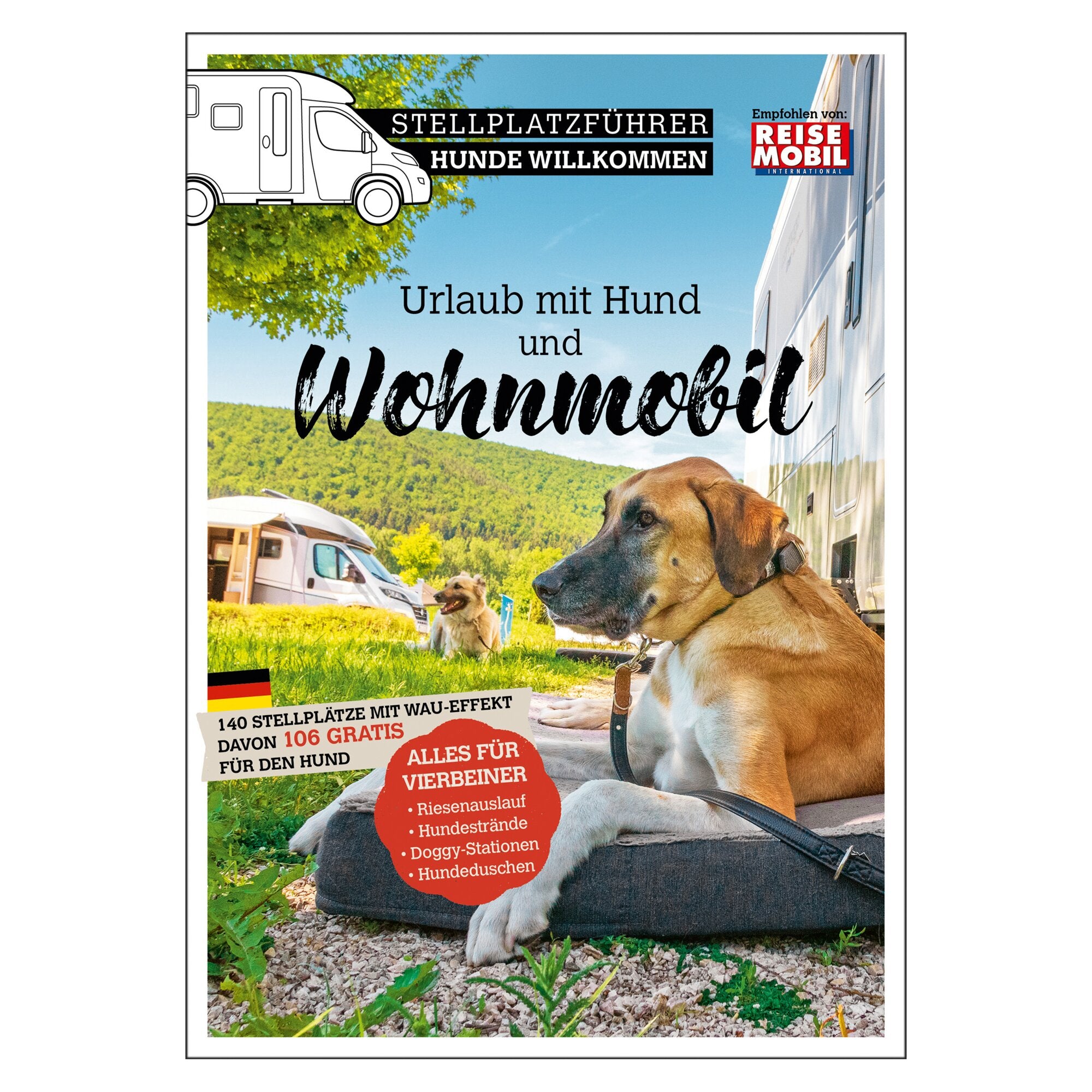 Cover eines Stellplatzführers Hunde willkommen mit Wohnmobilen, zwei Hunde im Vordergrund, rotes Abzeichen vor grünem Hintergrund