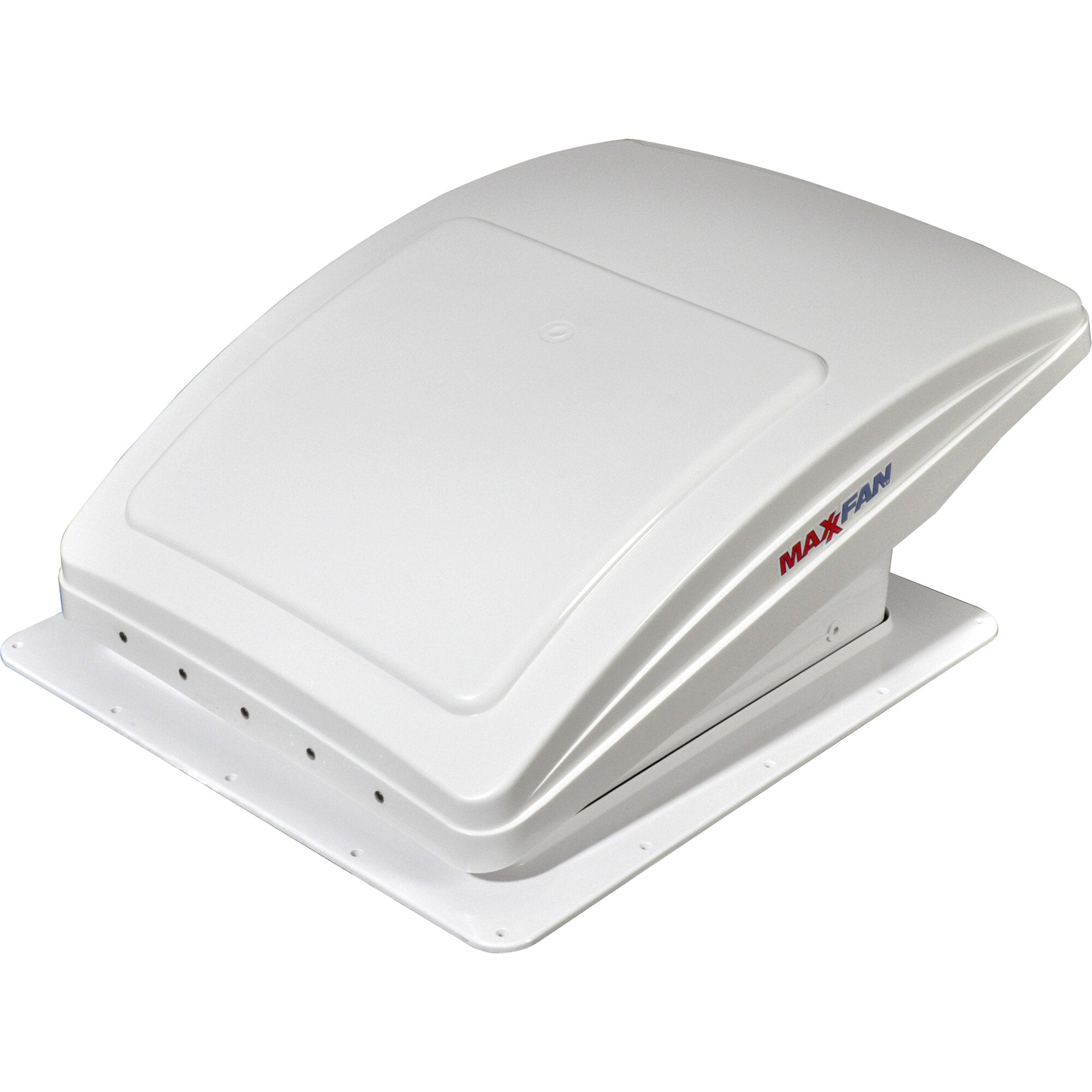 Weiße Dachventilator-Einheit MaxxFan Deluxe mit abgerundeter Oberseite, Oberseite, sichtbare Befestigungsplatte und Bohrungen, seitlich MAXXFAN-Logo