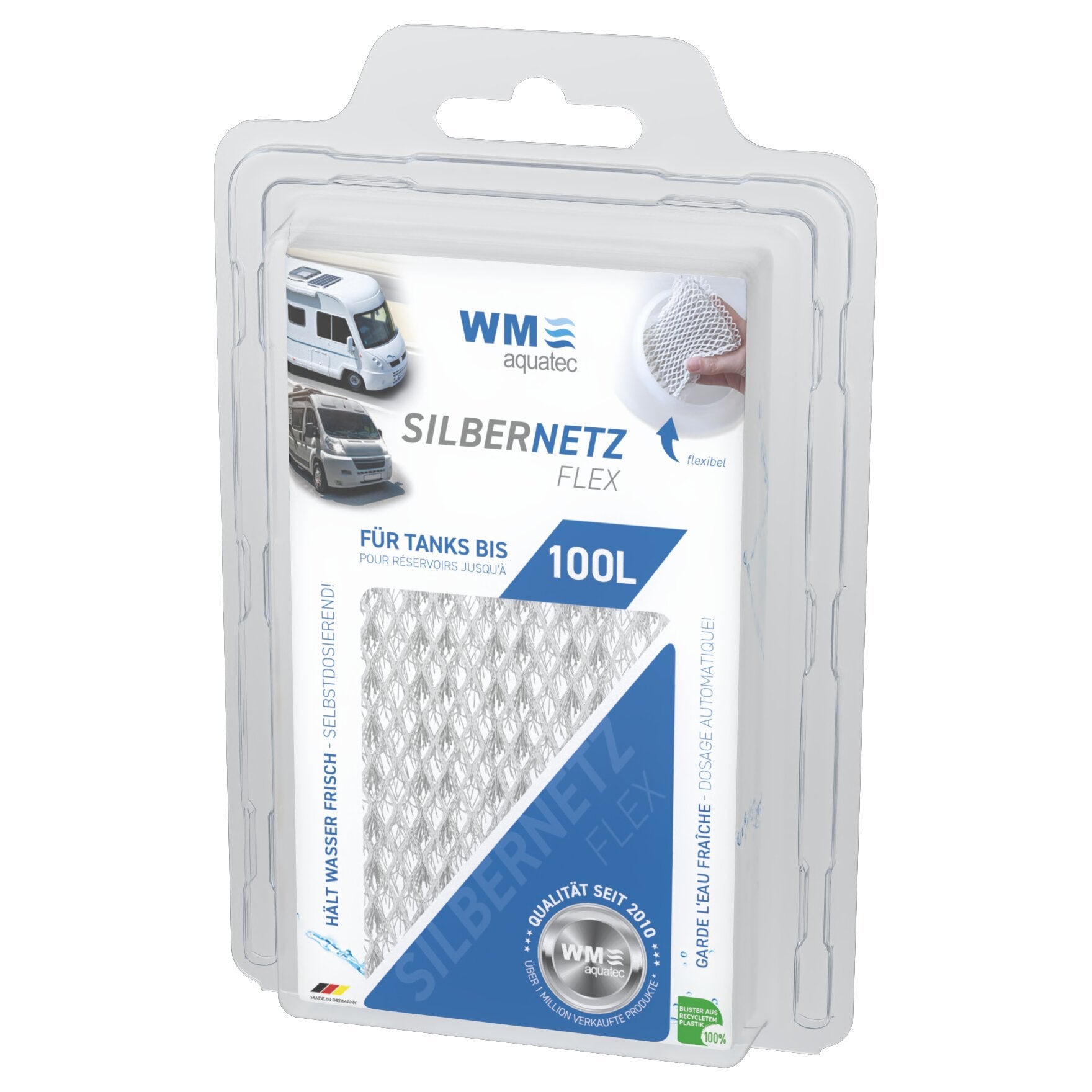 Verpackung des Silbernetz Flex für Tanks bis 100 Liter; sichtbares WM aquatec Logo, Mesh-Filter und Bilder eines Wohnmobils und eines Transporters