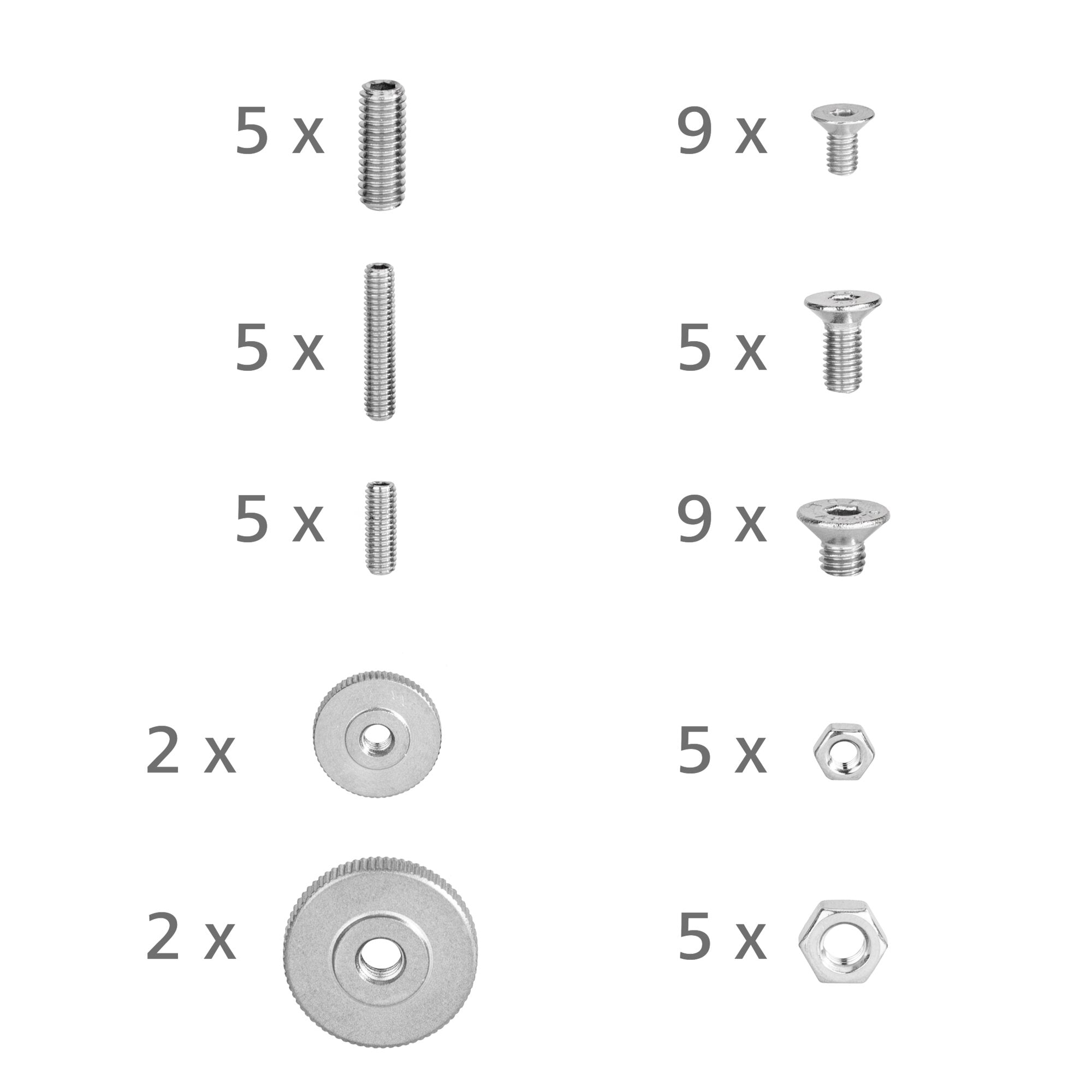 Schraubenset flexiMAGS zeigt verschiedene Metallschrauben, Unterlegscheiben und Muttern mit Mengenangaben wie 5x, 9x und 2x