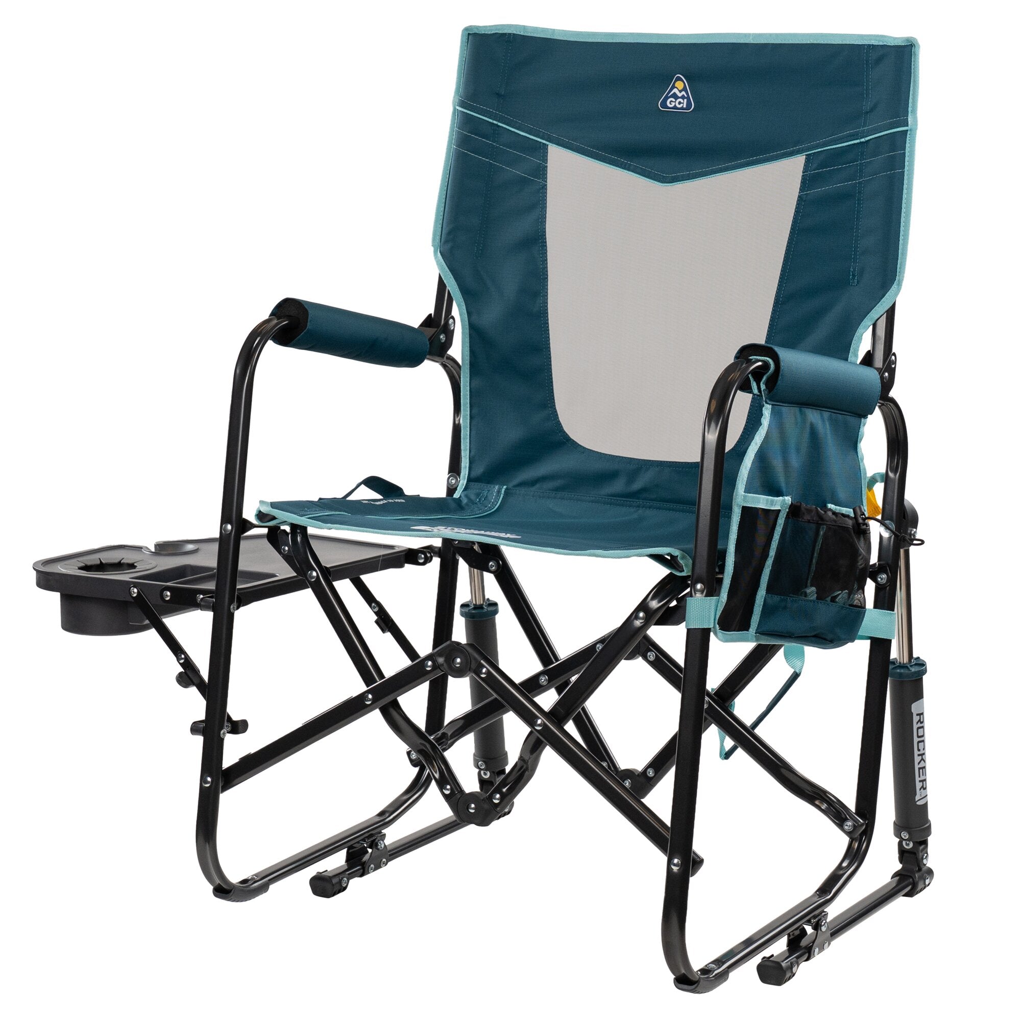 Blauer Camping-Schaukelstuhl mit Tisch, schwarzes Gestell, gepolsterte Armlehnen, sichtbares graues Rückenteil mit GCI-Logo