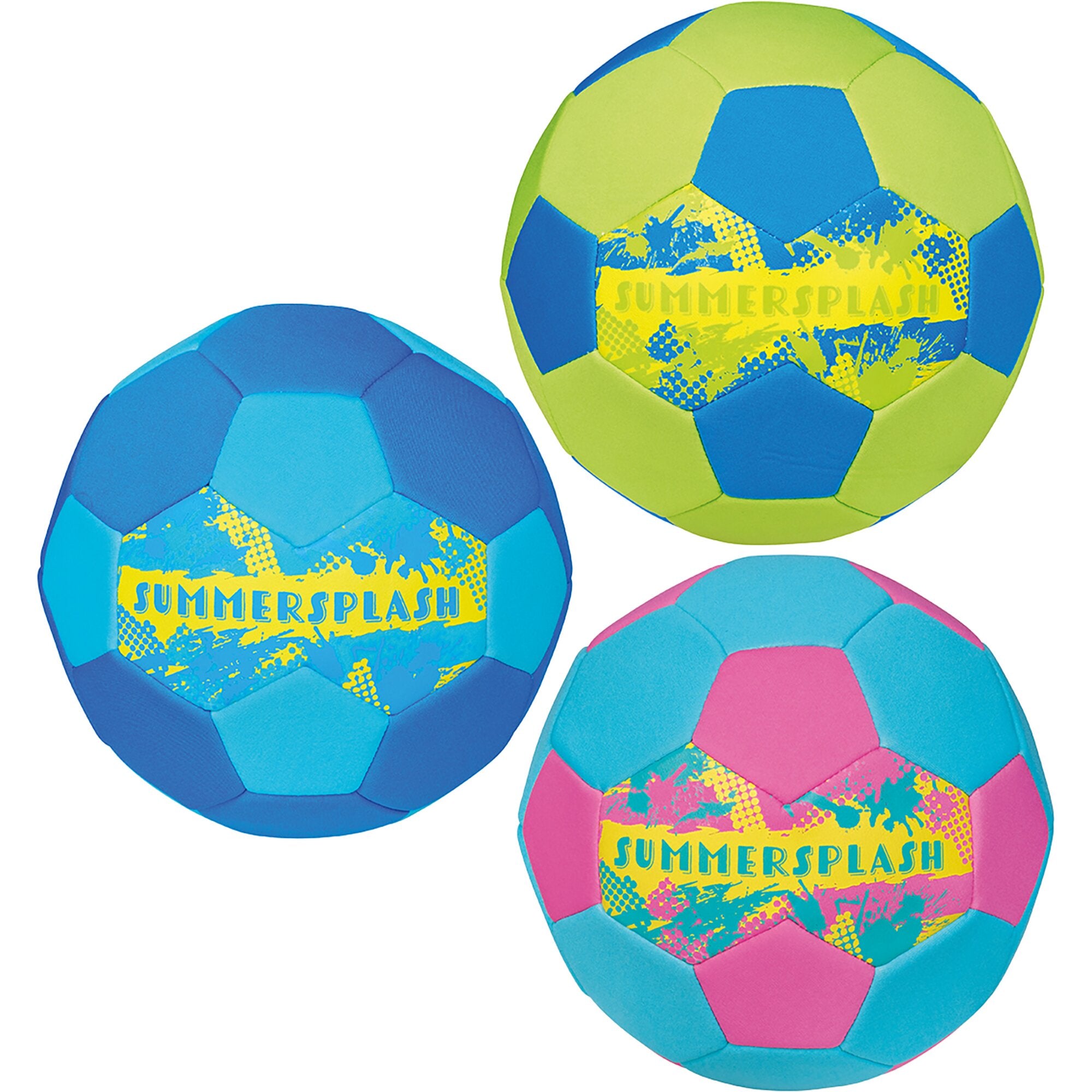 Mehrere neonfarbene Neopren-Fußbälle in Blau, Cyan, Gelb und Pink mit grafischem Muster und der Aufschrift SUMMERSPLASH