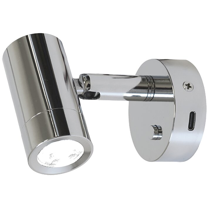 Chromfarbener Aufbauspot Mini Tube D4 mit Power LED, schwenkbarem Arm, runder Montageplatte und seitlichem Schalter