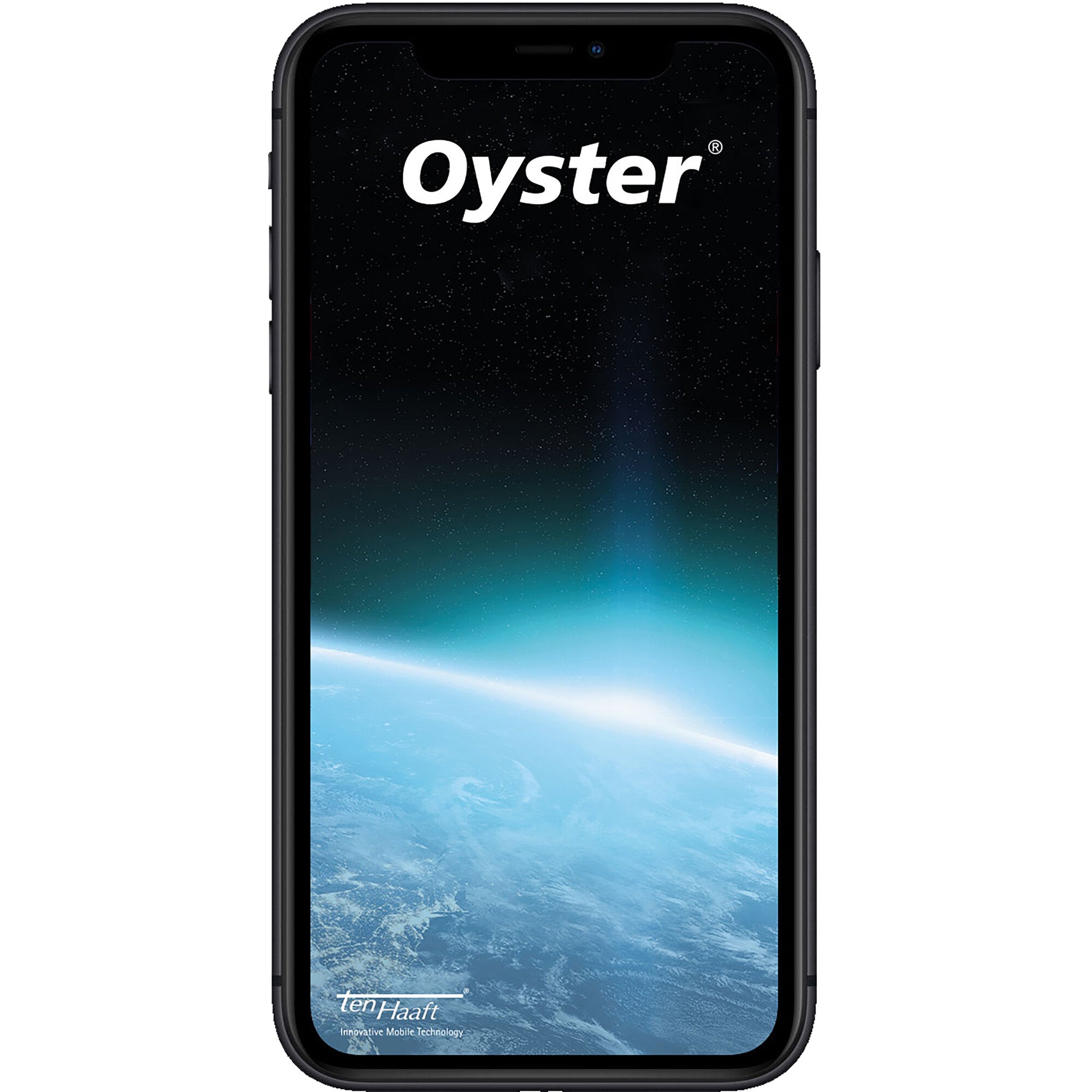 Smartphone mit schwarzem Rahmen und Notch oben, Display zeigt Sternenhimmel und Erdoberfläche; Oyster-Schriftzug oben, Ten Haaf Logo unten links