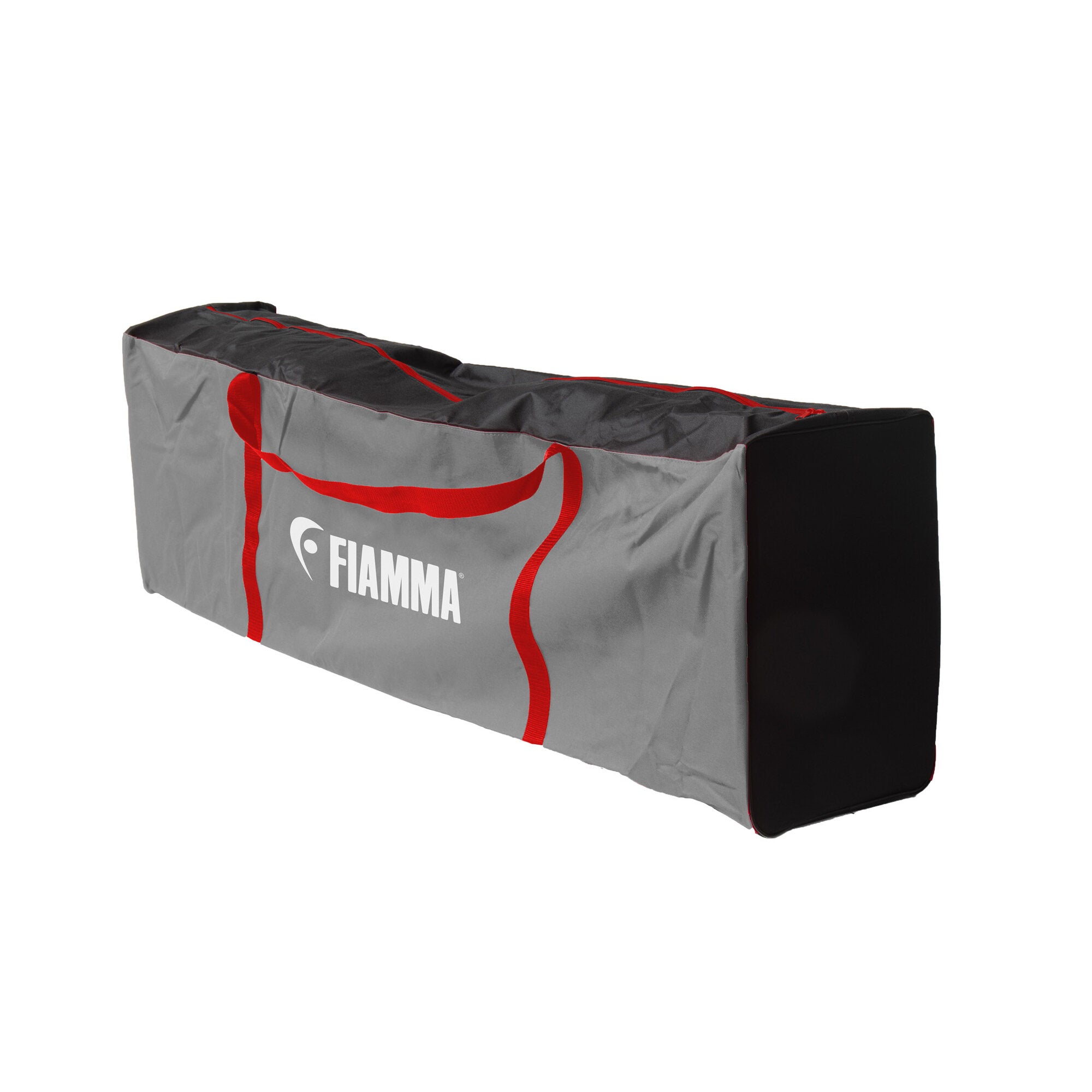 Graue Tragetasche mit roten Griffen und Nähten; seitlich sichtbar FIAMMA-Logo, Verpackung für das Markisenzelt Privacy Room F45 300 Large