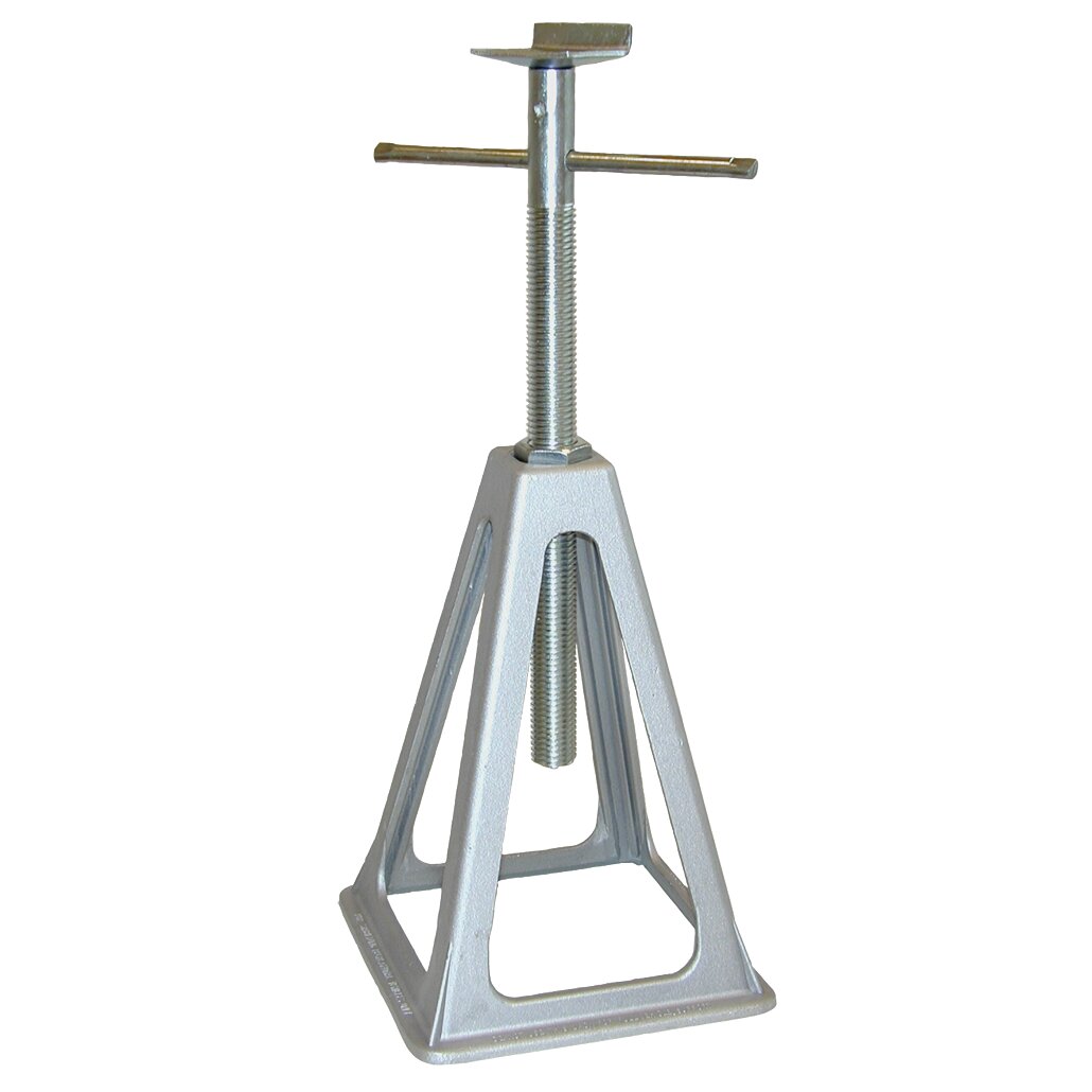 Stützbock aus Metall mit zentraler Gewindespindel, horizontalem T‑Griff, flacher Auflage am Oberkopf und dreieckigem Stahlrahmenfuß