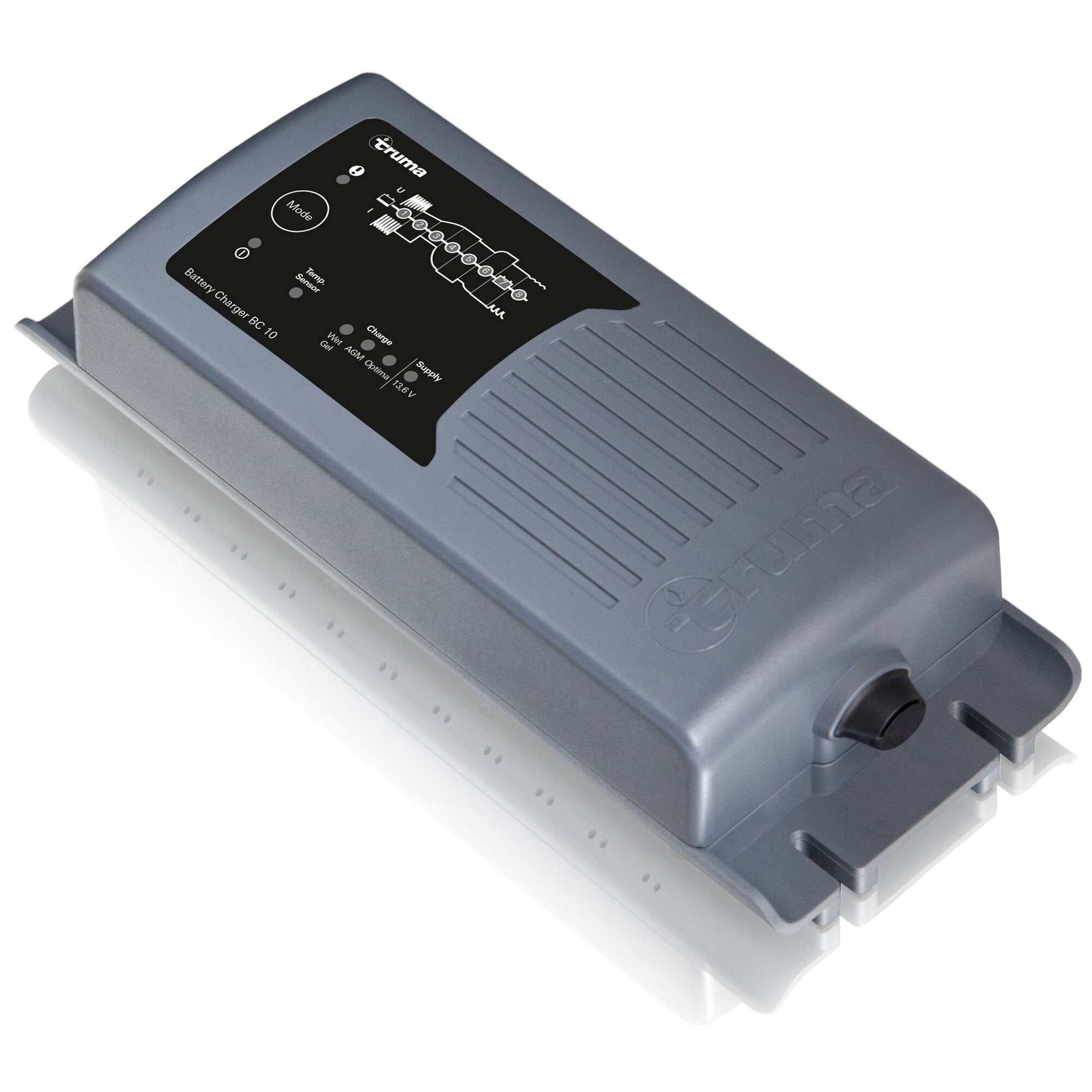 Graues Ladegerät mit schwarzem Display zeigt Schaltplansymbol, Mode und Battery Charger BC 10; Teil des Mover PowerSet für SX XT4 und smart