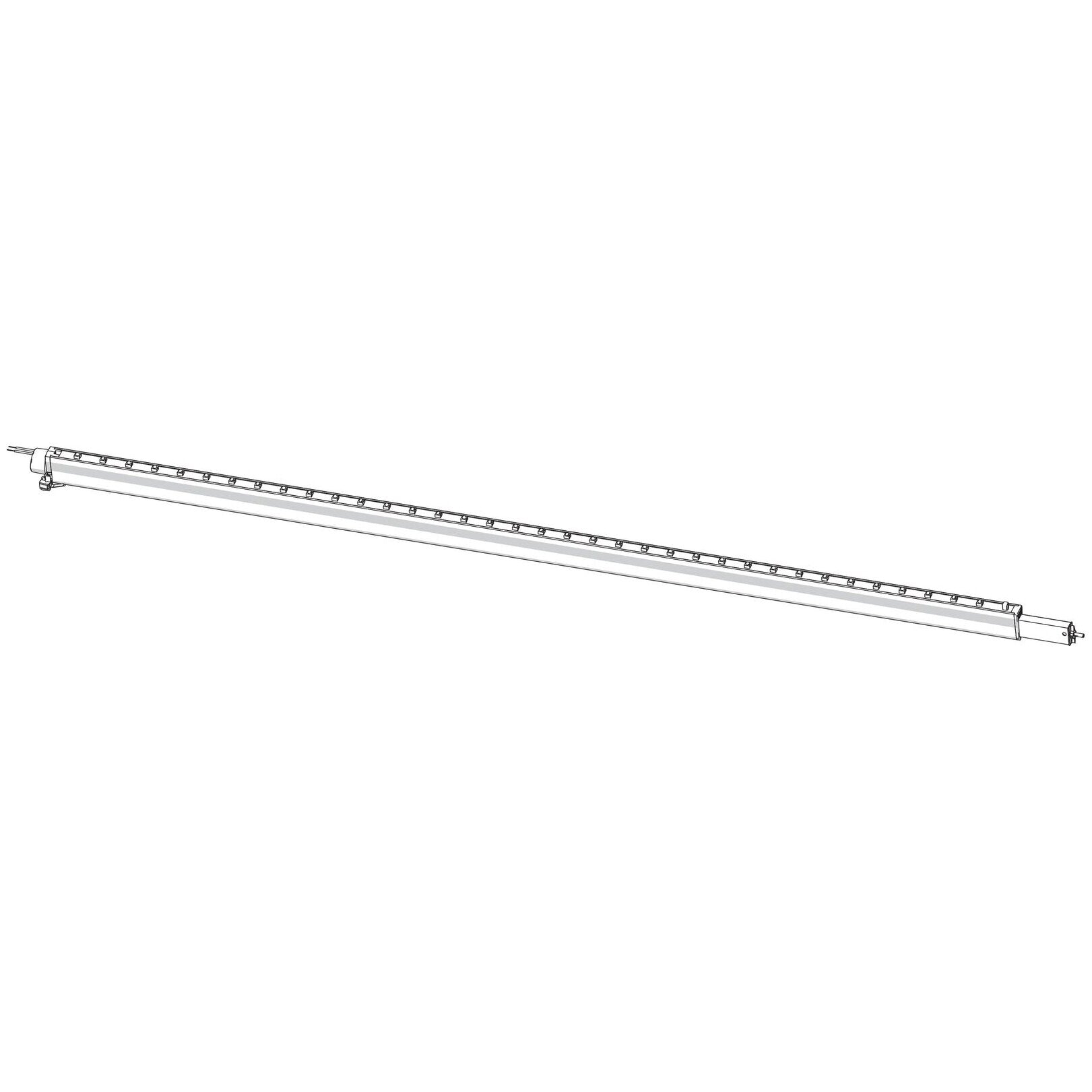 Langgestreckte Spannstange mit integrierter LED-Leiste und LEDs, linkes Ende mit Kabelanschluss, rechter Abschlussquader sichtbar