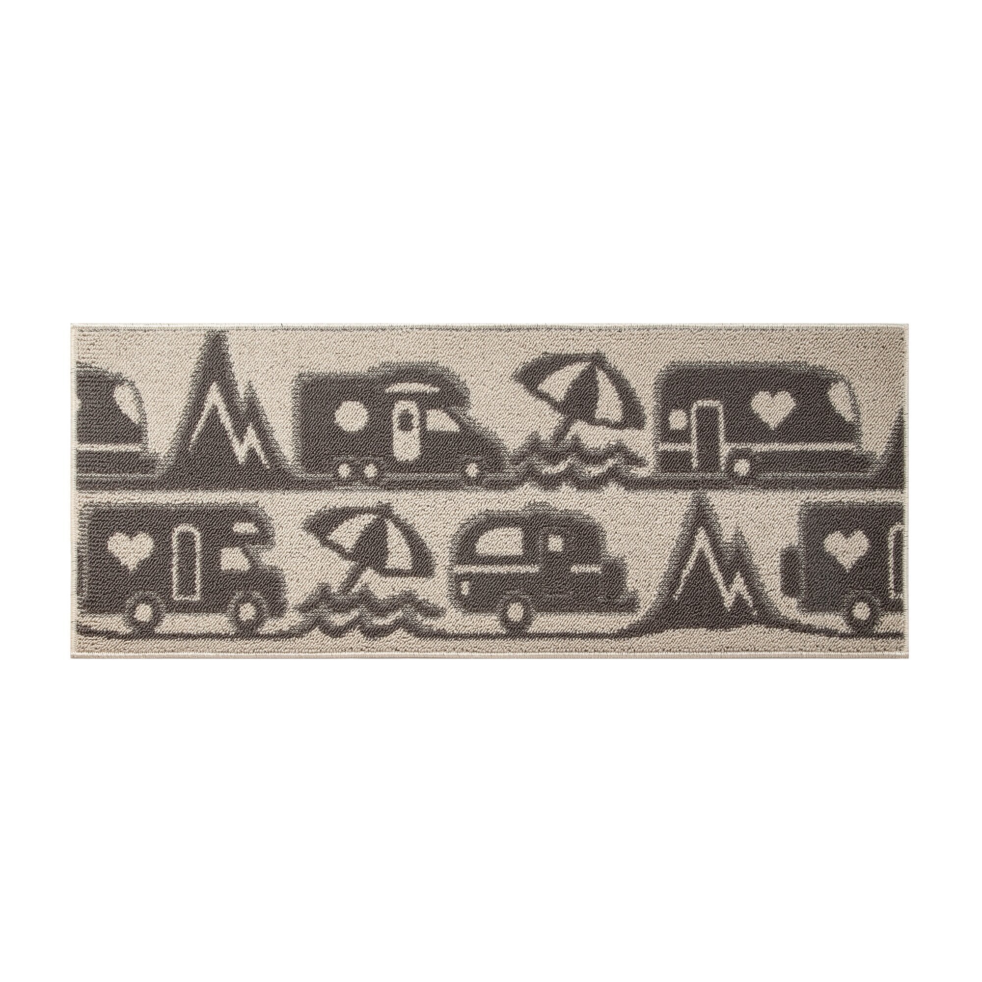 Beiger Master Camp Teppich mit dunkelbraunen ornamentalen Mustern, grob gewebter Textur, rechteckige Form, sichtbare Randkante