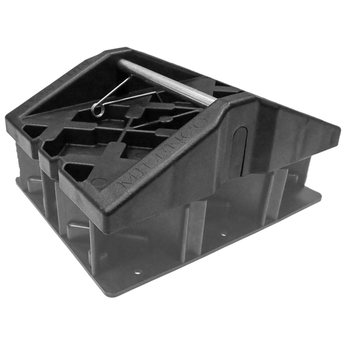 Schwarzes Kunststoff-Stützplattenset Corner Feet, quadratische Oberseite, Metallstange und Drahtöse sichtbar auf einer Basisstruktur