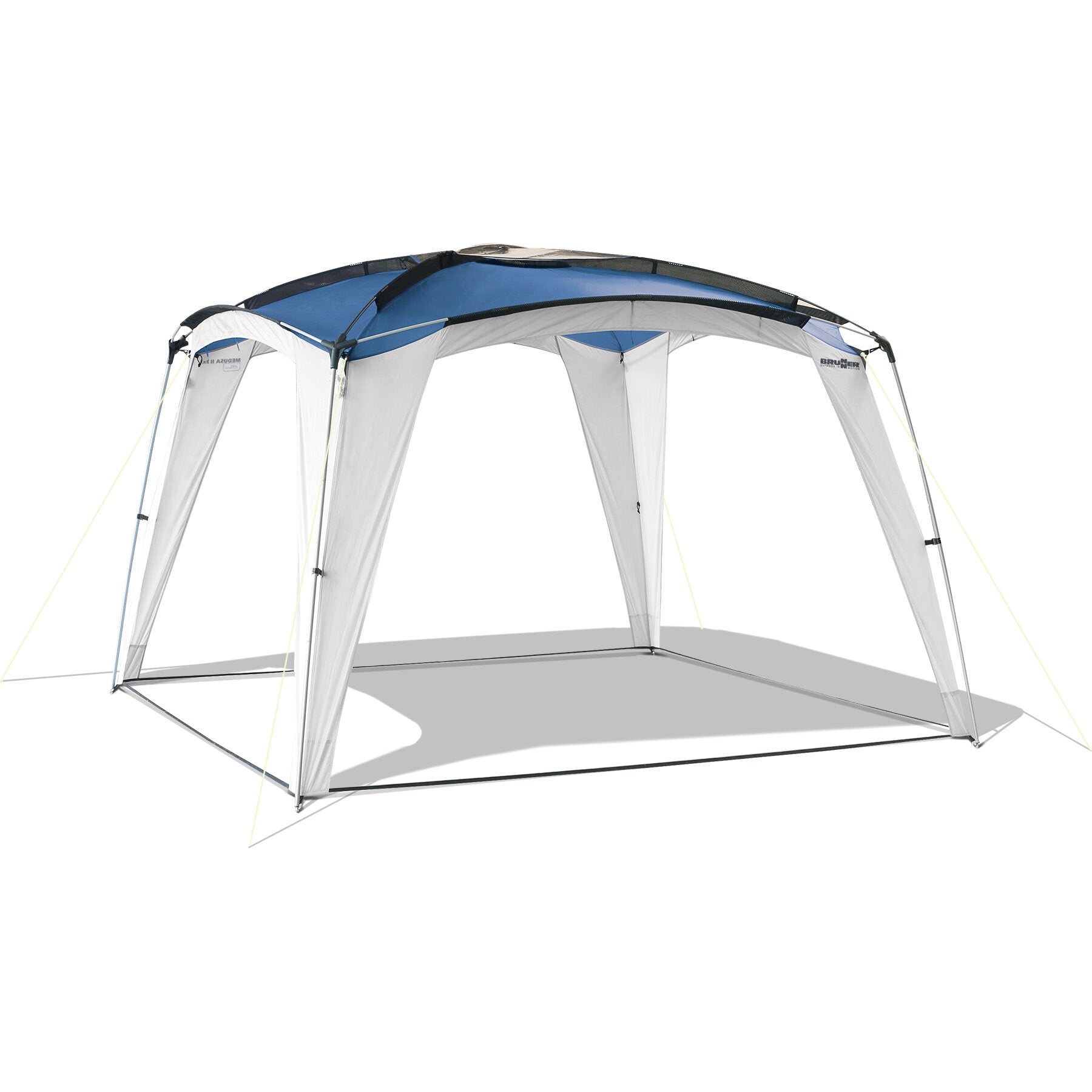 Leichtpavillon Medusa II, 300 cm, blaues Dach, weiße Seitenwände mit Türen, schwarzes Mesh am Dachrand, Gestell, neon-gelbe Abspannseile