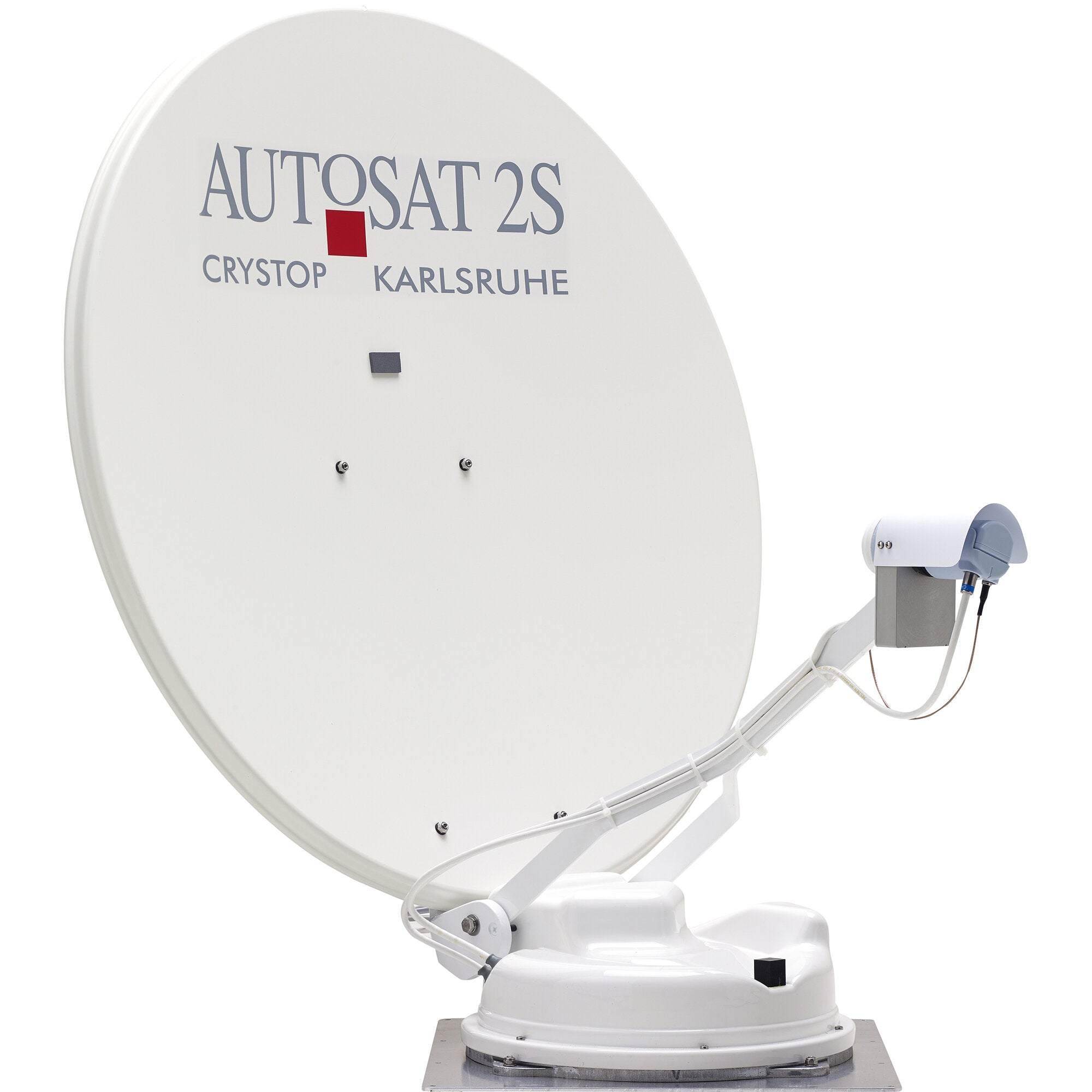 Große weiße Satellitenschüssel mit Beschriftung AUTOSAT 2S und CRYSTOP KARLSRUHE, rotes Quadrat, montierter Arm und LNB, Kabel sichtbar
