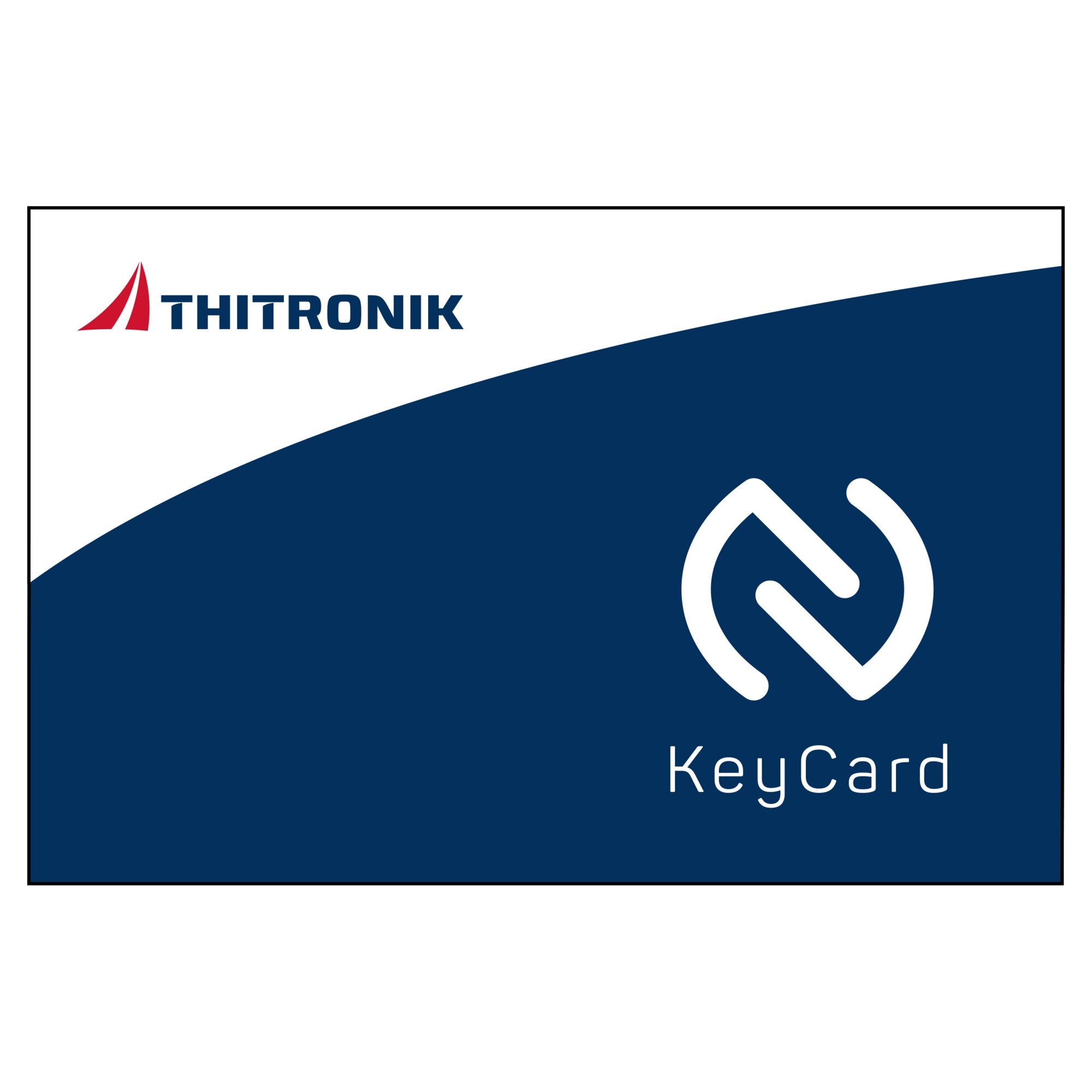 NFC Transponderkarte im Thitronik-Design, weiße Oberseite mit rotem Logo links und dunkelblauem Bereich unten rechts mit weißer KeyCard-Schrift