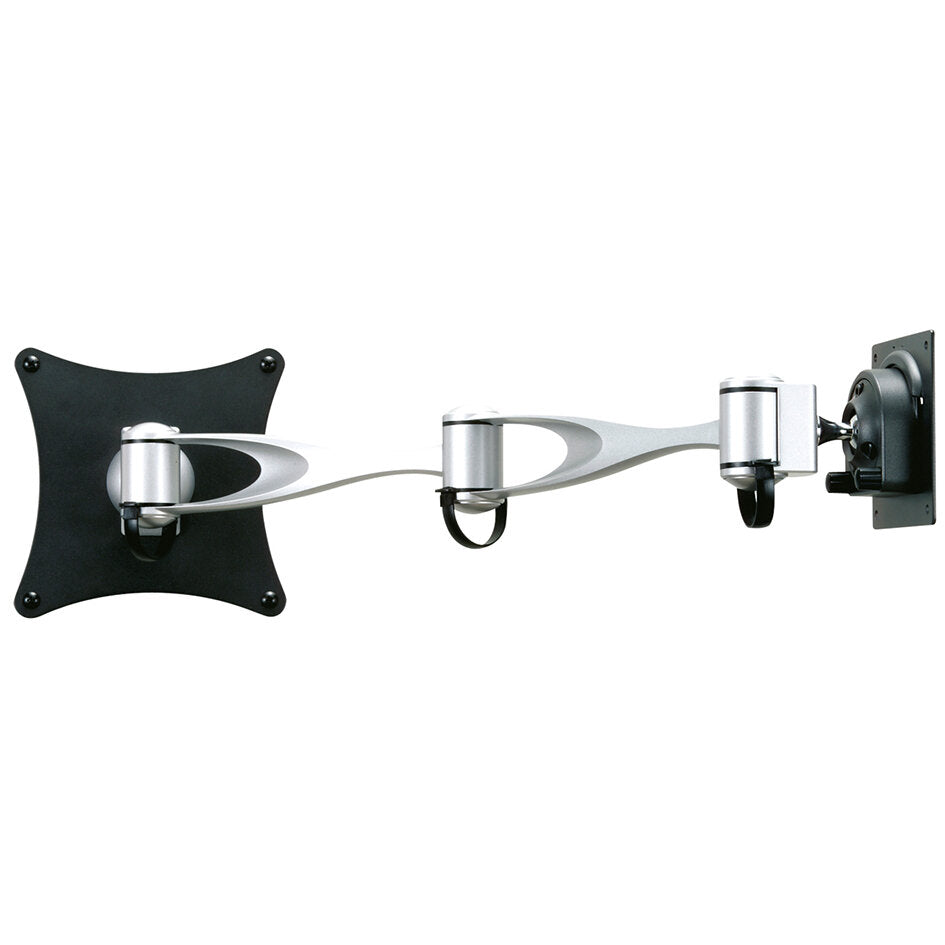 Wandhalterung Sky, 51 cm, dreigelenkiger Arm aus silbernem Metall mit schwarzer Kabelführung, linke schwarze Platte und rechte Wandhalterung