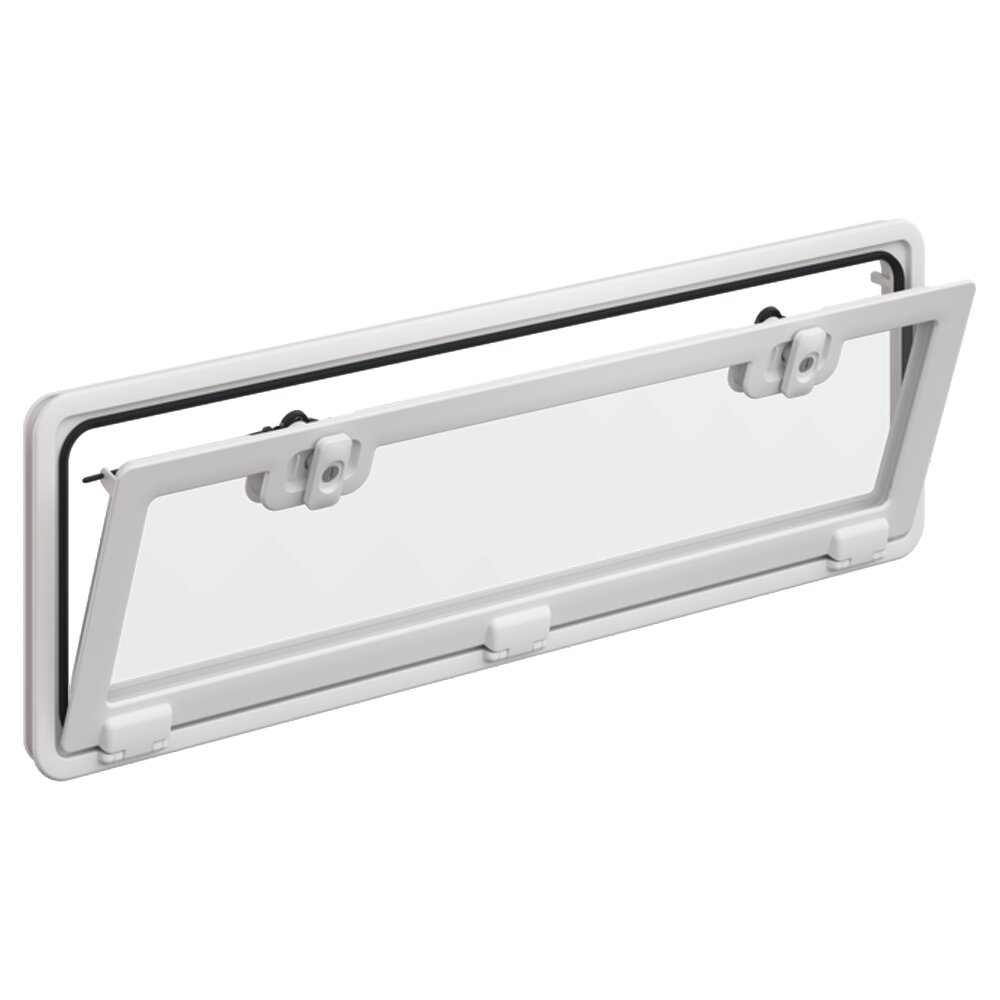 Seitz SK 4 Serviceklappe, weiße rechteckige Fensterklappe mit Glas, geöffnet, Gummidichtung, Maße 1000 x 305 mm