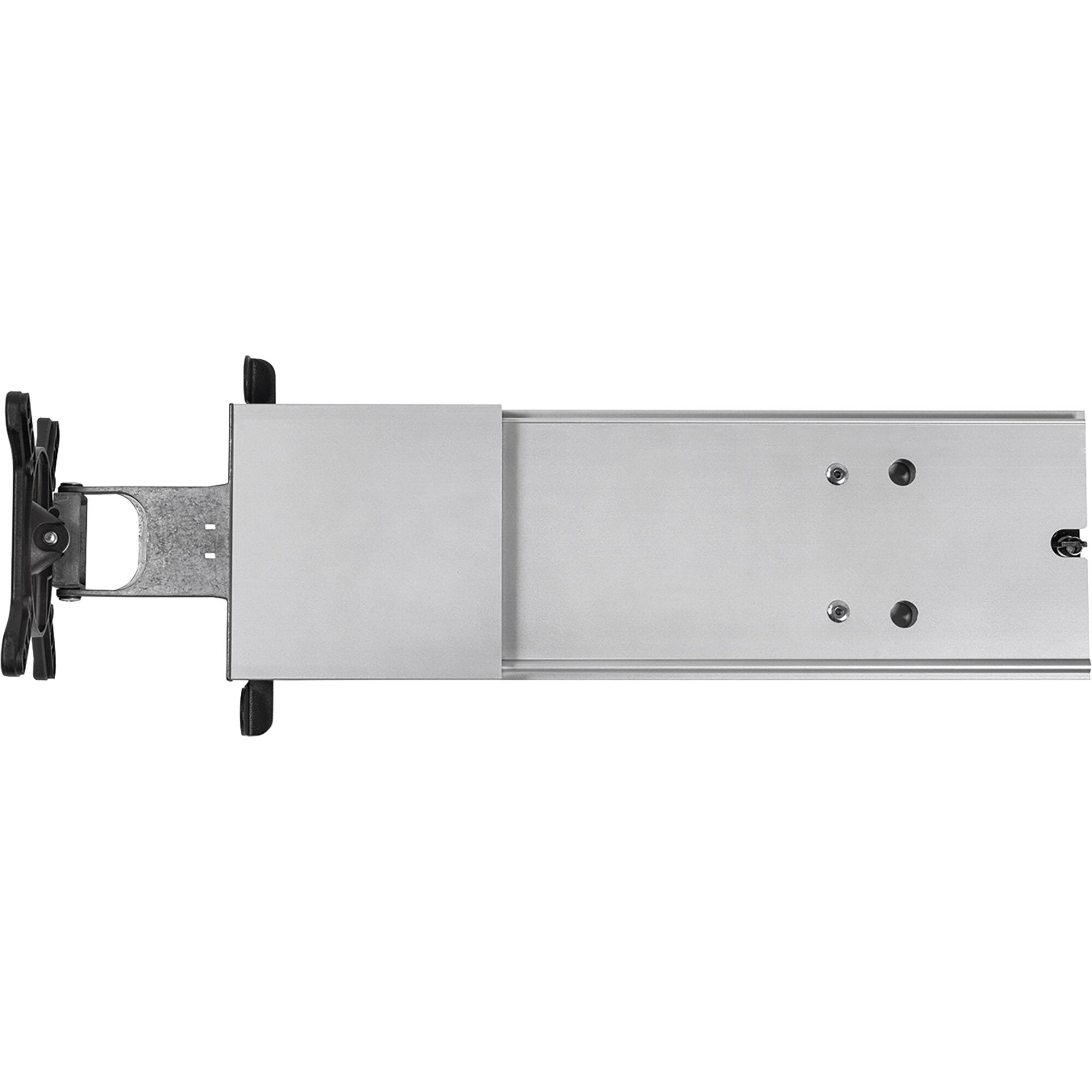 Detailansicht einer Wandhalterung Sky 20W light: lange silberne Metall-Schiene mit mehreren Schraublöchern, links ein schwarzer Haltearm, Hintergrund weiß