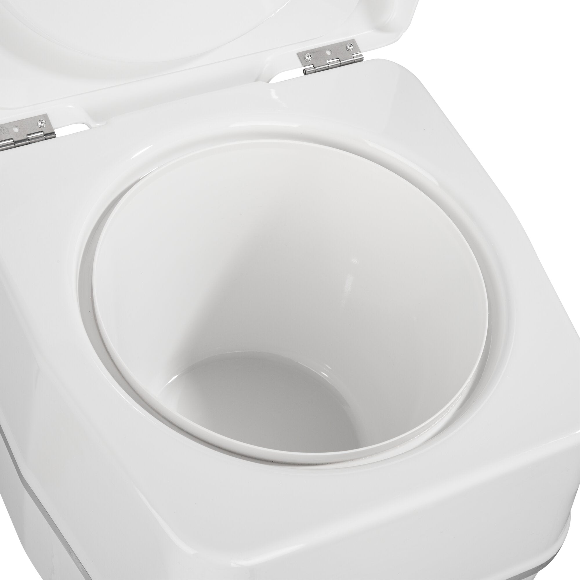Nahaufnahme eines weißen Trockentoilette Cactus Sitzes mit geöffnetem Deckel und sichtbaren Metall-Scharnieren
