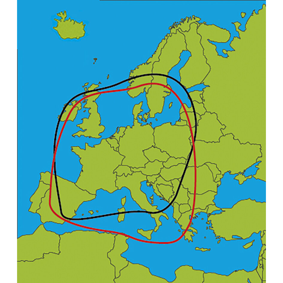 Kartenansicht Europas mit zwei überlagerten Satelliten-Fußabdrücken in Rot und Schwarz
