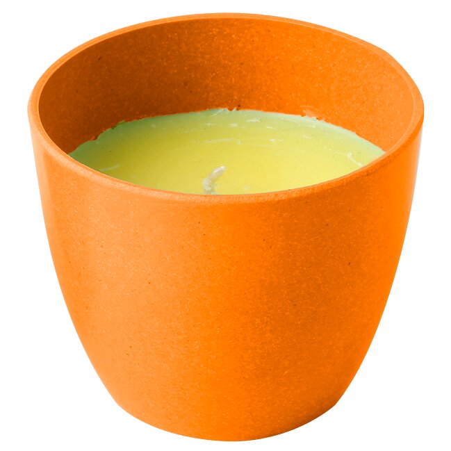 Orangener Kerzenbehälter aus Ton mit heller gelblicher Wachsfüllung, sichtbarer Docht, Citronella-Kerze mit natürlichem Citronella-Öl