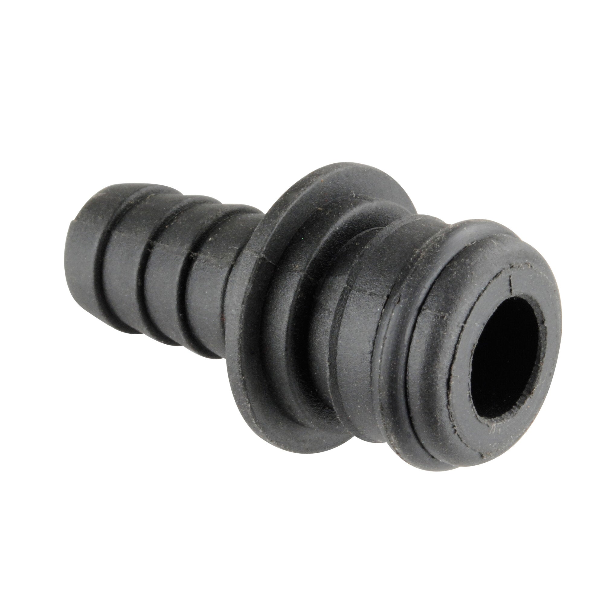 Nahaufnahme eines schwarzen Quick Adapter SMARTSERIE™ Ø 12 mm, einer hohlen, geriffelten Rundkomponente mit mehreren Rippen