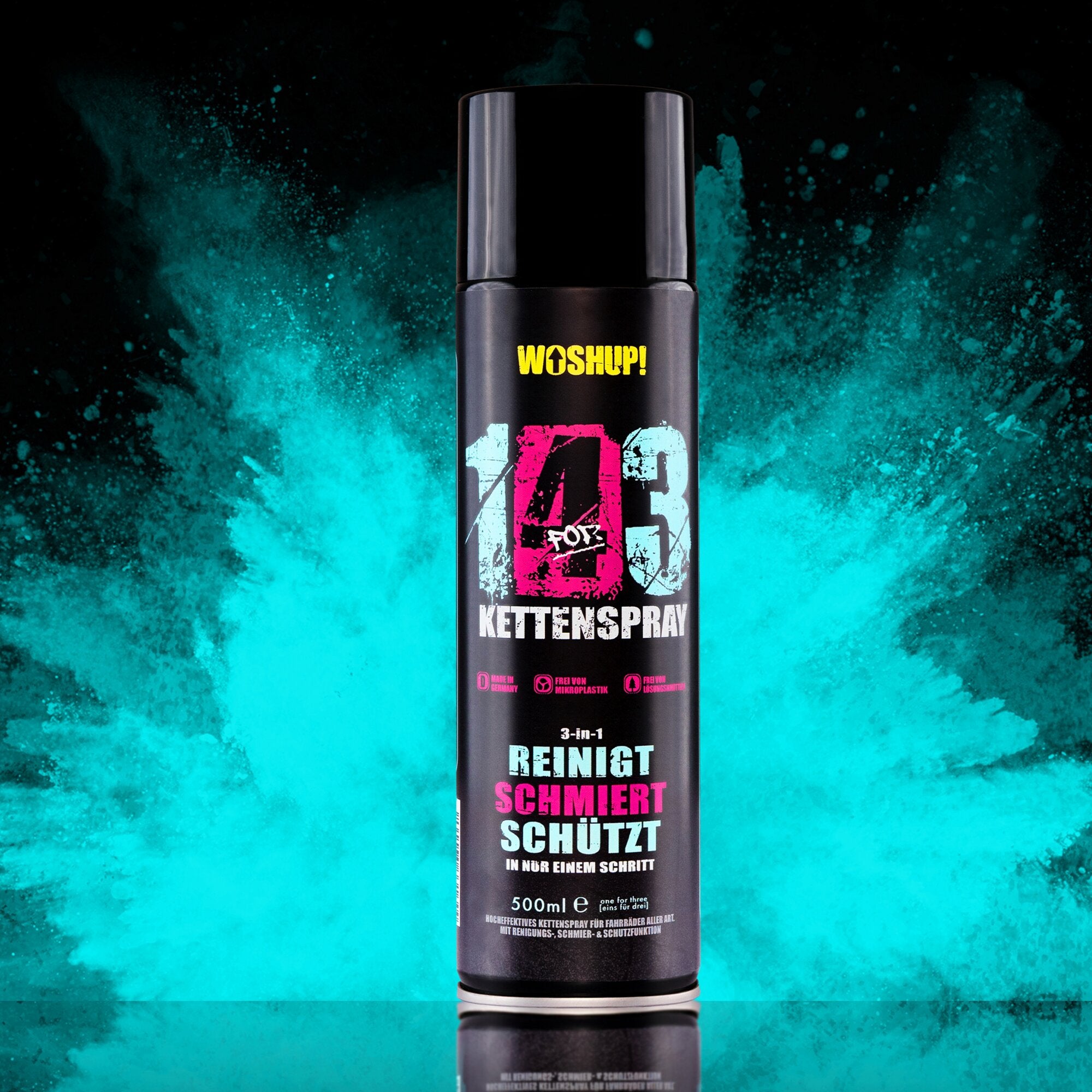Kettenspray-Dose vor türkisblauem Staubhintergrund; schwarze Dose mit Deckel, farbig gestaltetes Etikett und sichtbare Buchstaben SPRAY