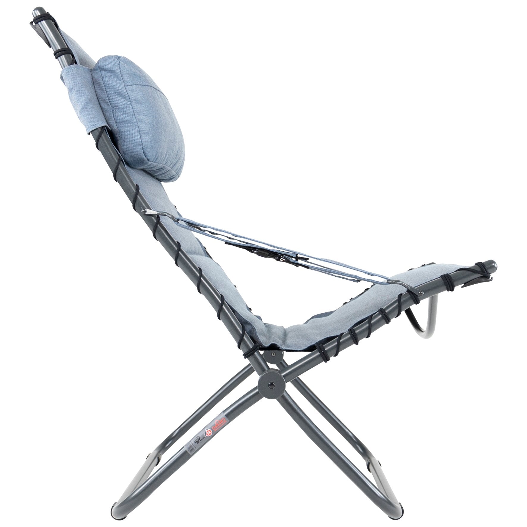 Seitliche Nahaufnahme eines blauen Relaxsessels AP/262 Tex-Comfort mit gepolstertem Nackenkissen, grauem Rahmen und elastischen Bändern am Sitzgestell
