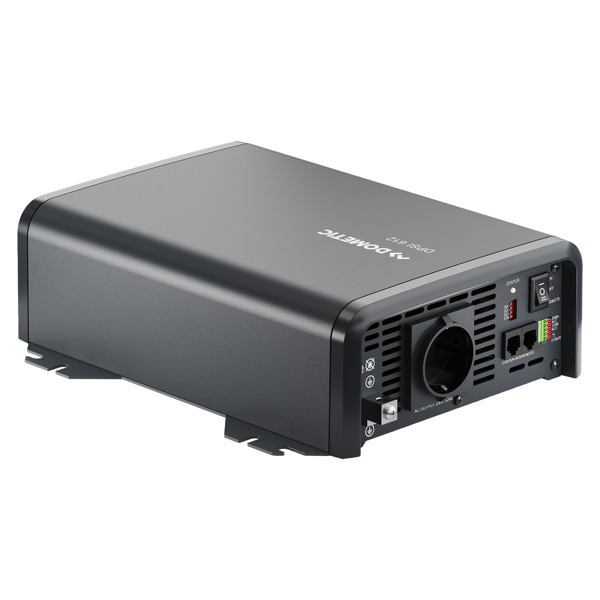 Schwarzer Sinus-Wechselrichter SinePower DPSI 12 V, 600 W, Nahaufnahme der Gehäusefront mit Lüftungsgitter, Anschlussfeldern und Statusanzeigen