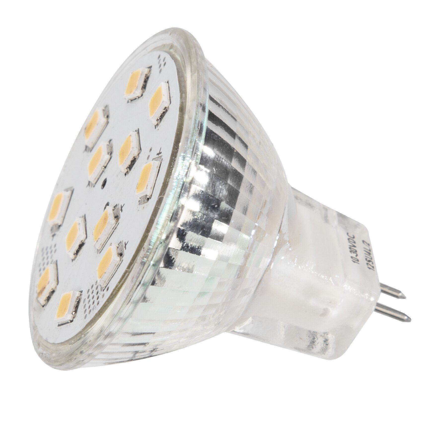 Nahaufnahme eines runden LED-Boards mit mehreren gelben SMD-LEDs auf einer hellen Trägerplatte, eingebettet in transparentem Gehäuse mit zwei Stiftkontakten