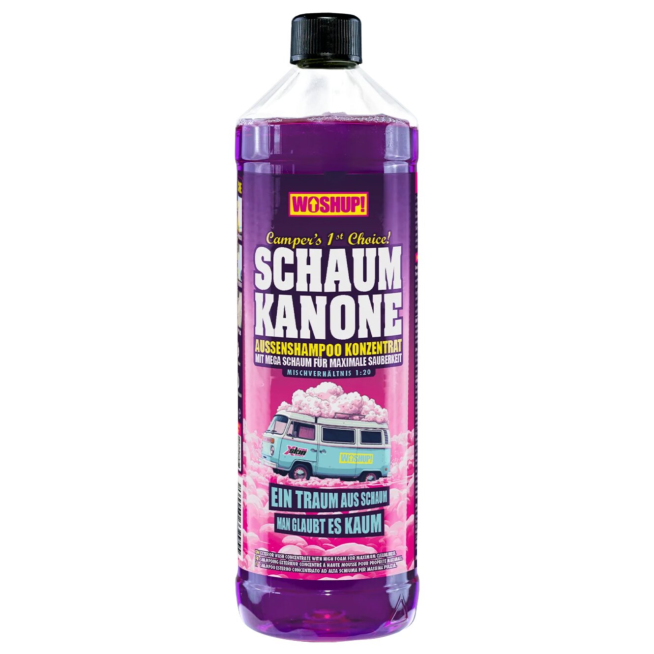 Plastikflasche mit schwarzem Deckel enthält violette Flüssigkeit; Etikett zeigt SCHAUM KANONE, WOSHUP!-Logo und Cartoon-Van vor Seifenblasen