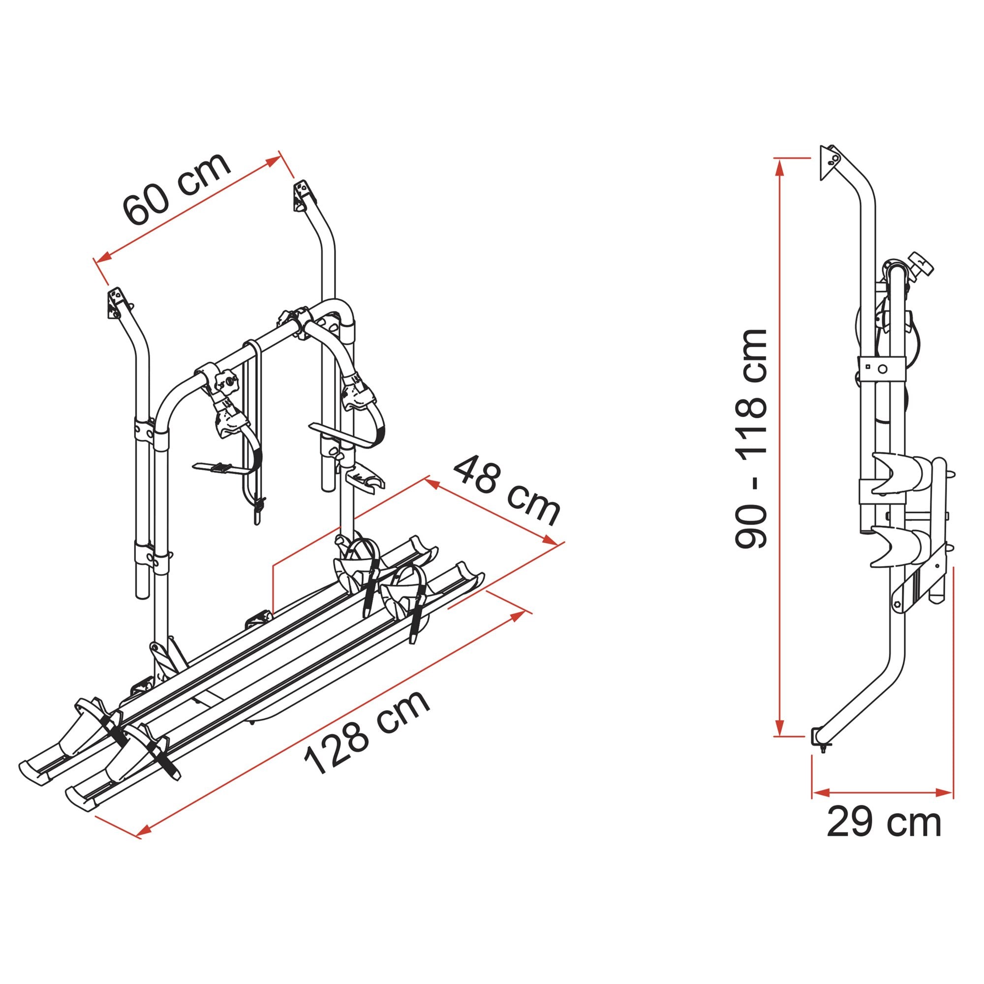 Technische Zeichnung des Carry-Bike 200 D Fahrradträgers mit zwei Fahrrädern, Maßangaben Länge 128 cm Breite 60 cm Tiefe 29 cm