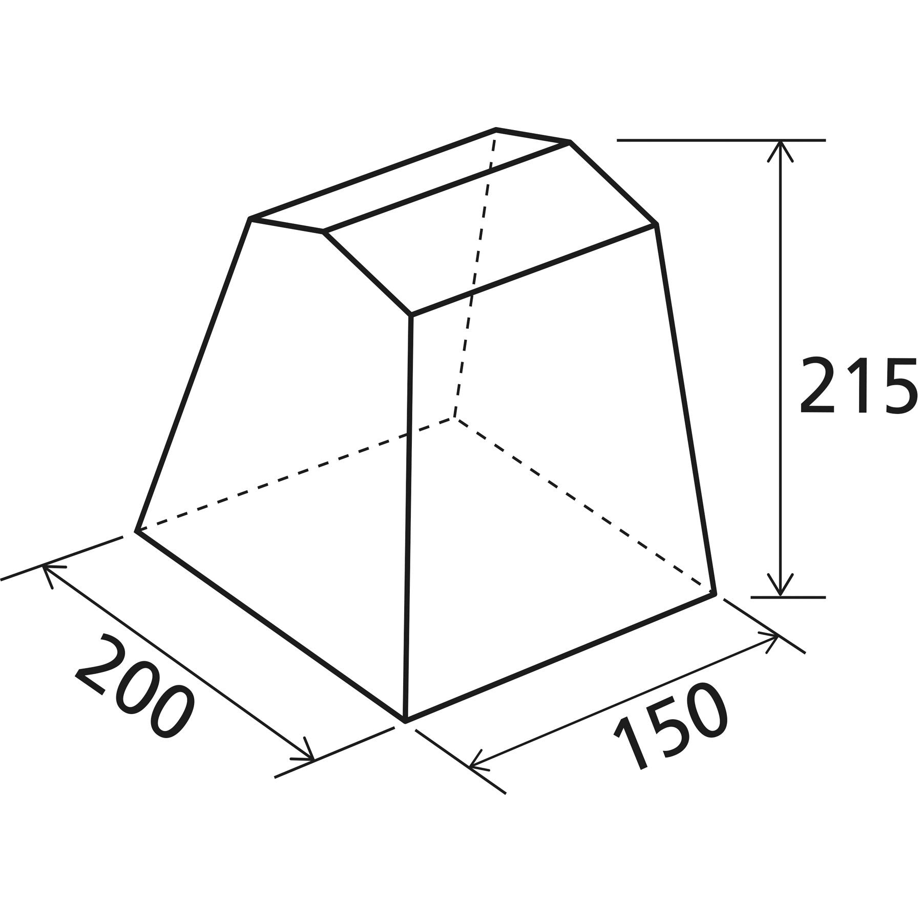 Schematische Drahtzeichnung eines rechteckigen Küchenzeltes Vida I NG mit Innenlinien und Maßangaben 200 × 215 × 150 cm