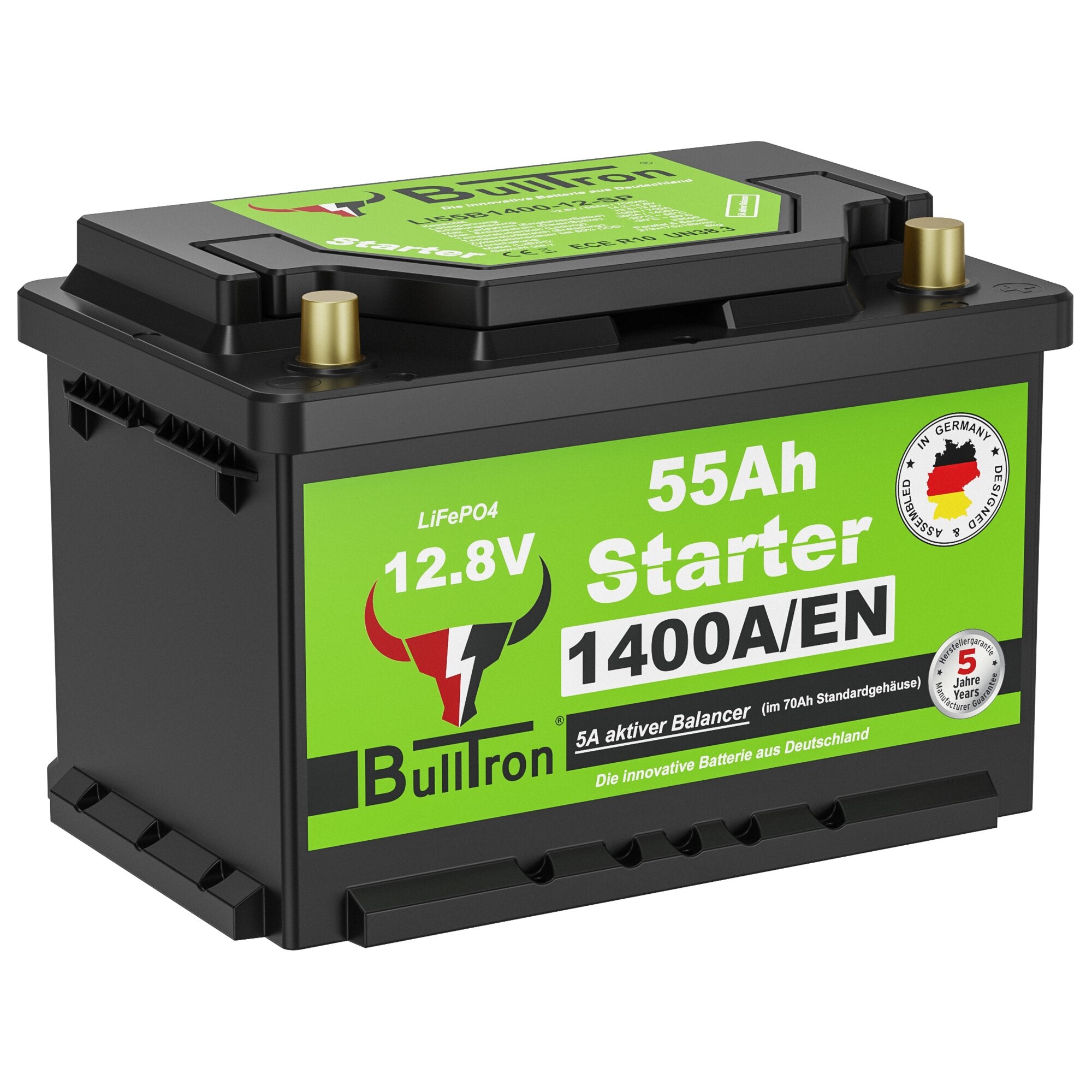 Schwarze Lithium-Starterbatterie mit grünem Etikett, sichtbar 55Ah und 12,8V, LiFePO4, zwei goldene Klemmen und Markenaufdruck