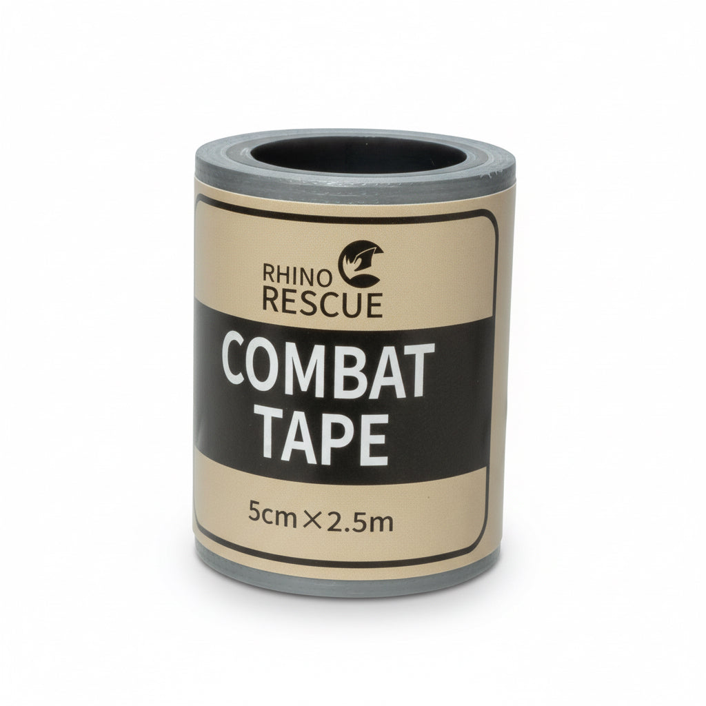 Rolle Rhino Rescue Combat Tape mit beiger Verpackung, schwarzem Label und weißer Schrift, 5 cm x 2,5 m Maße.