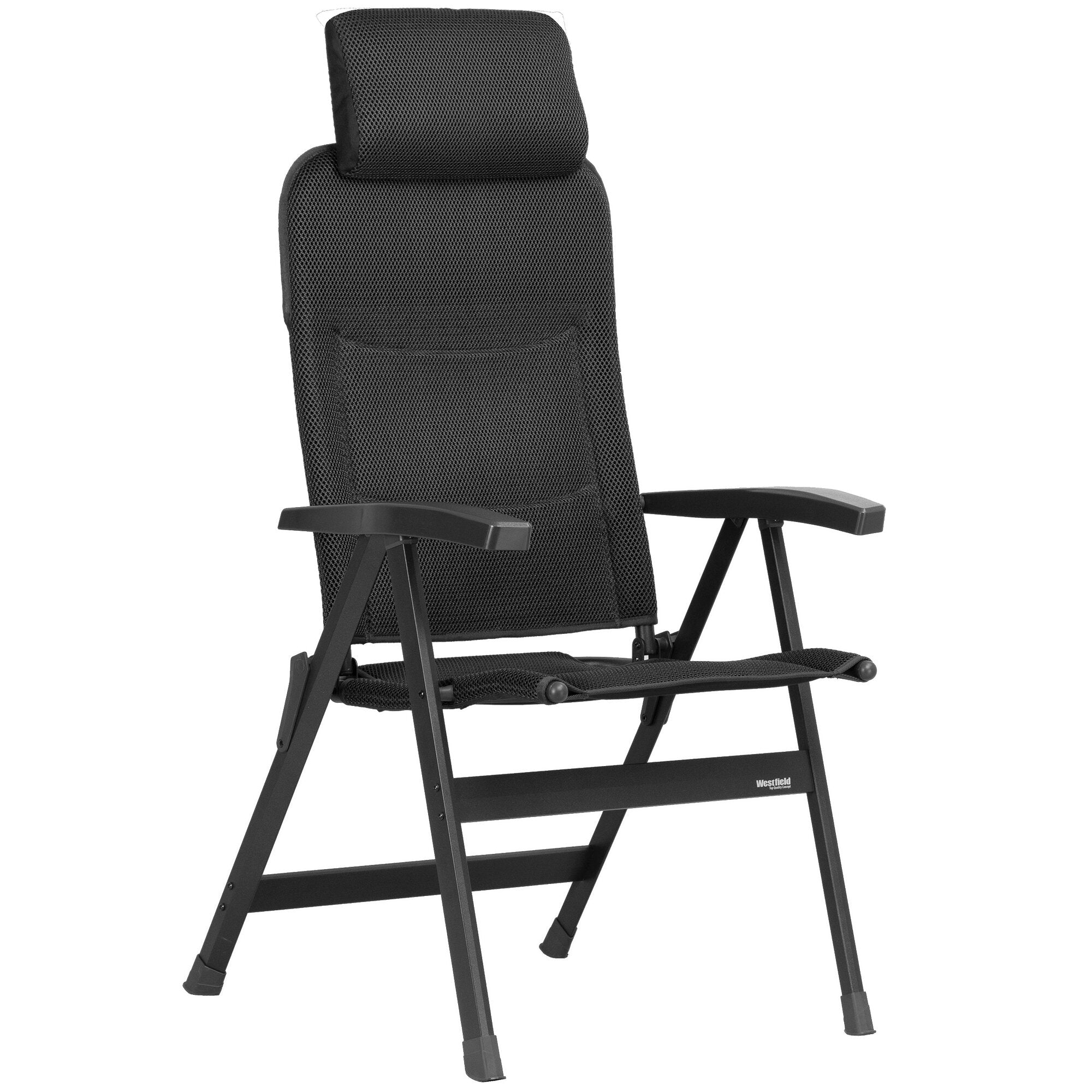 Hochlehner-Campingstuhl mit schwarzem Mesh-Bezug, integrierter Kopfkissenrolle, Armlehnen und klappbarem Stahlrahmen in Anthrazit