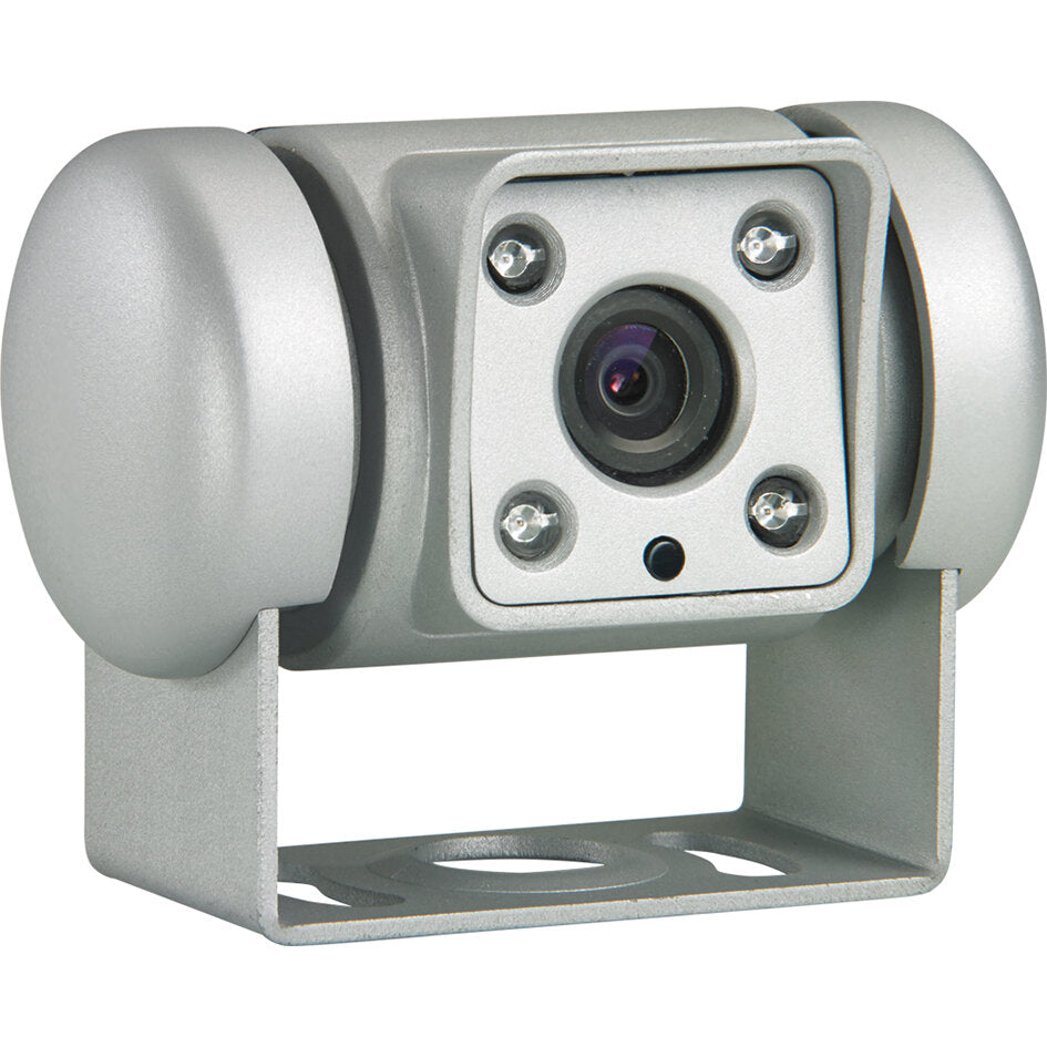 Silberne PerfectView CAM 45 NAV Rückfahrkamera mit quadratischer Frontplatte, zentrales Objektiv, vier Schrauben und Metallhalterung