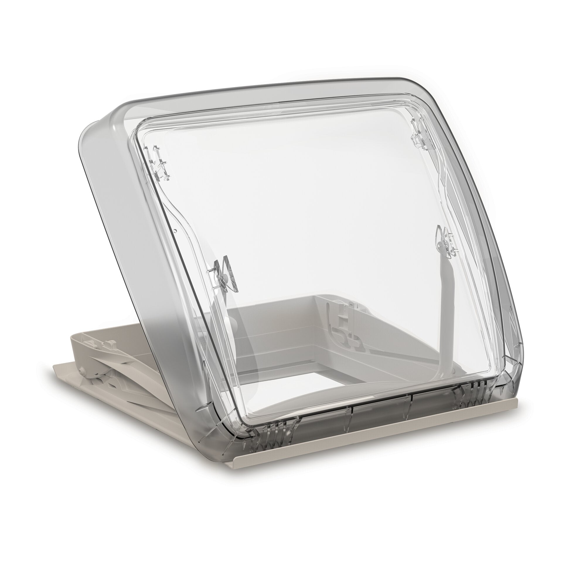 Detailansicht eines transparenten Dachfensters Mini Heki FL mit Zwangsbelüftung, 25 mm, heller Rahmen und sichtbarer Innenstruktur