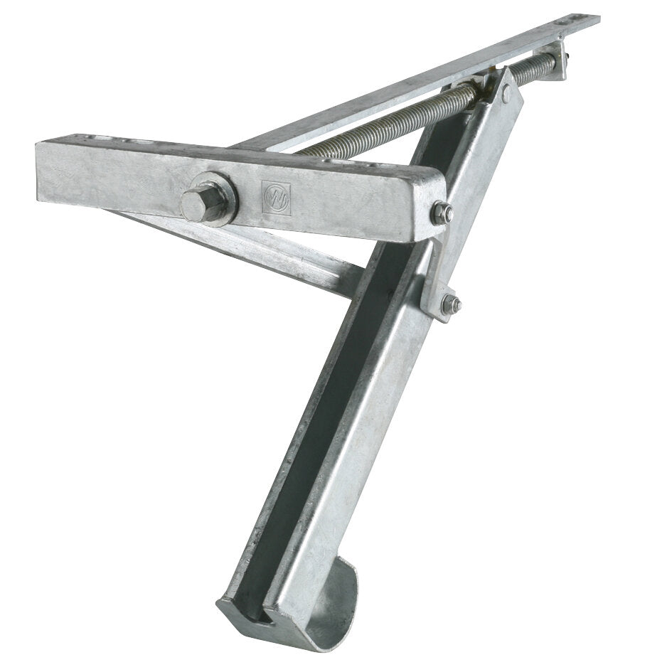 Ausdrehstütze aus galvanisiertem Metall, seitliche Ansicht mit langer Gewindestange, Bolzenverbindungen und diagonaler Strebe
