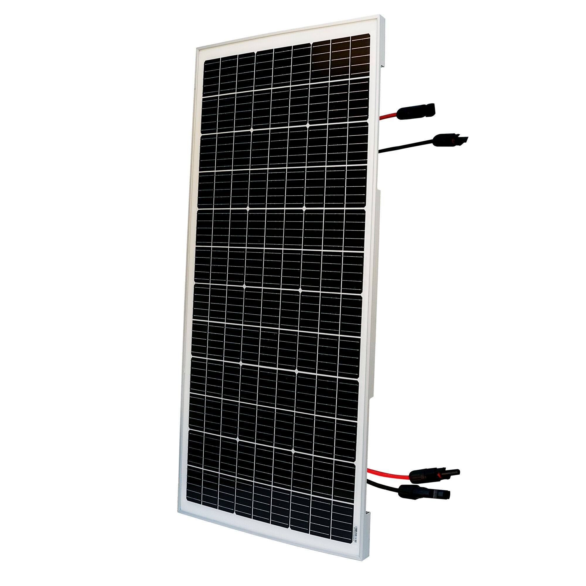 Solarmodul mit schwarzer Zellenfläche, weißem Rahmen und seitlich sichtbaren roten und schwarzen Anschlusskabeln mit Steckverbindern