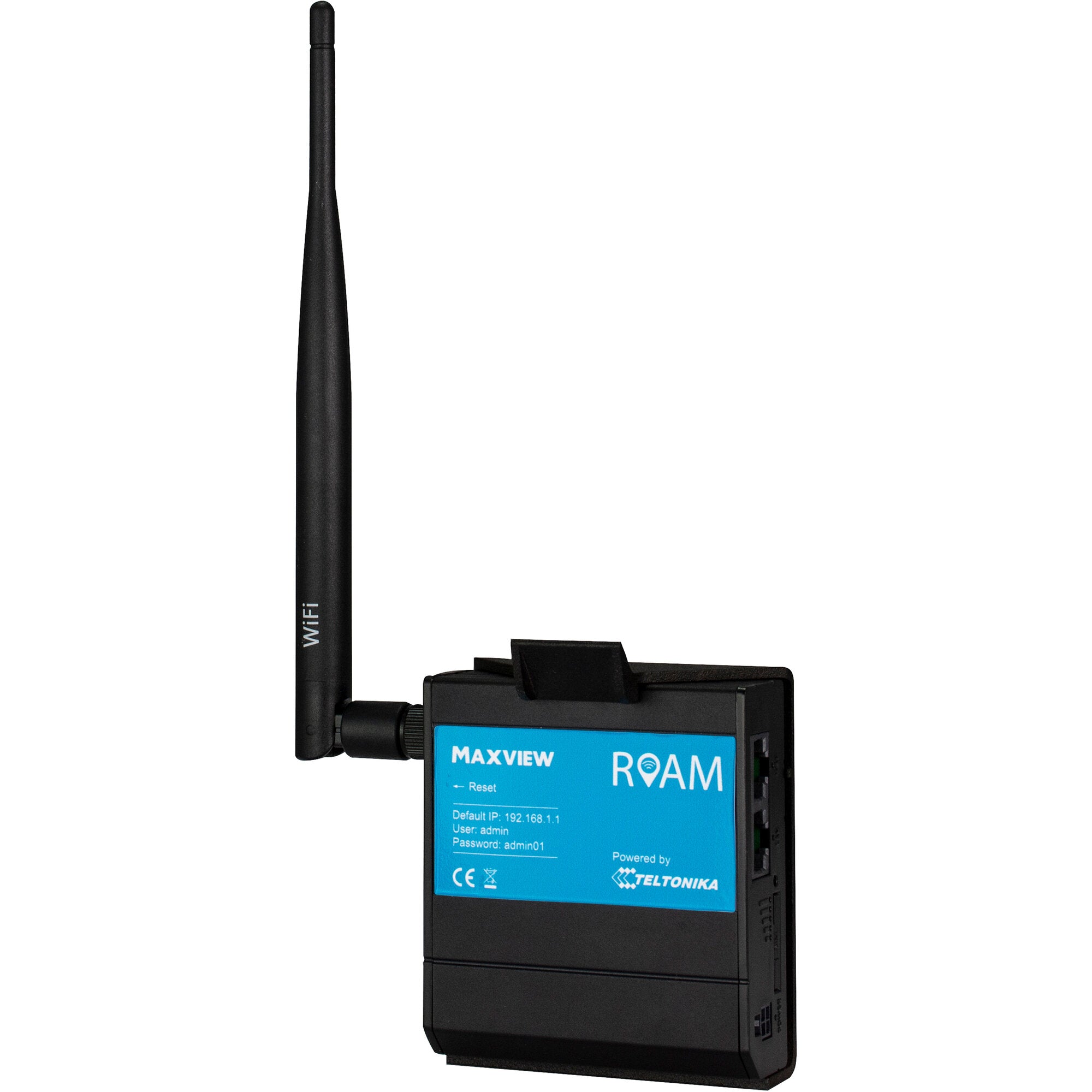 Schwarzes Router-Set Maxview Roam Campervan mit vertikaler Antenne; blaues Display zeigt Default IP 192.168.1.1 und Konfigurationsdaten