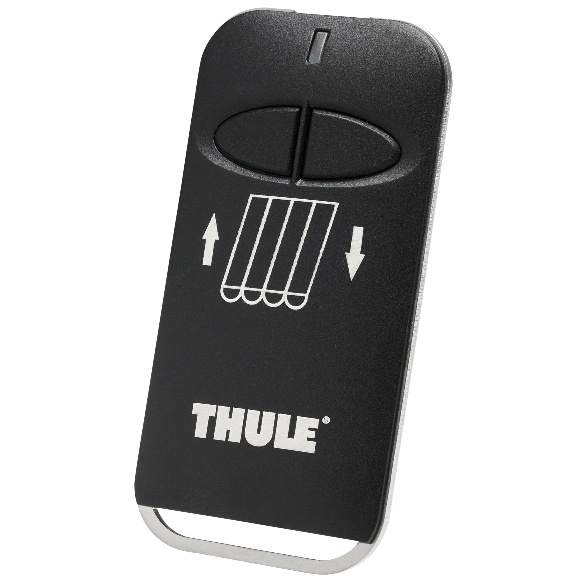 Nahaufnahme einer schwarzen Fernbedienung des Thule Omnistor 9200 Motorsets, mit zwei ovalen Tasten und Thule-Logo unten